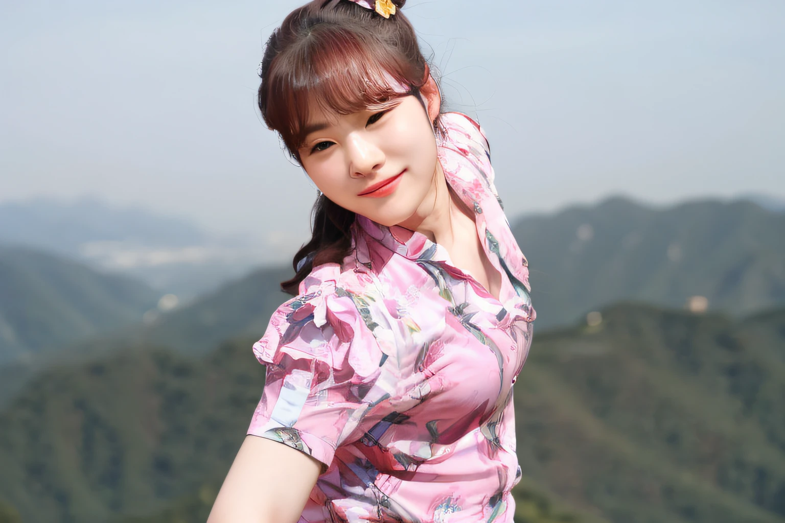 smiling woman in pink shirt holding a frisbee in front of mountains, xintong chen, Qiu Fang, Yun Ling, Chinese woman, jiyun chae, xue han, song nan li, Korean woman, pengzhen zhang, lei min, jinyiwei, An Asian woman, xiaofan zhang, li zixin, xiaolong wang, author li zhang --auto