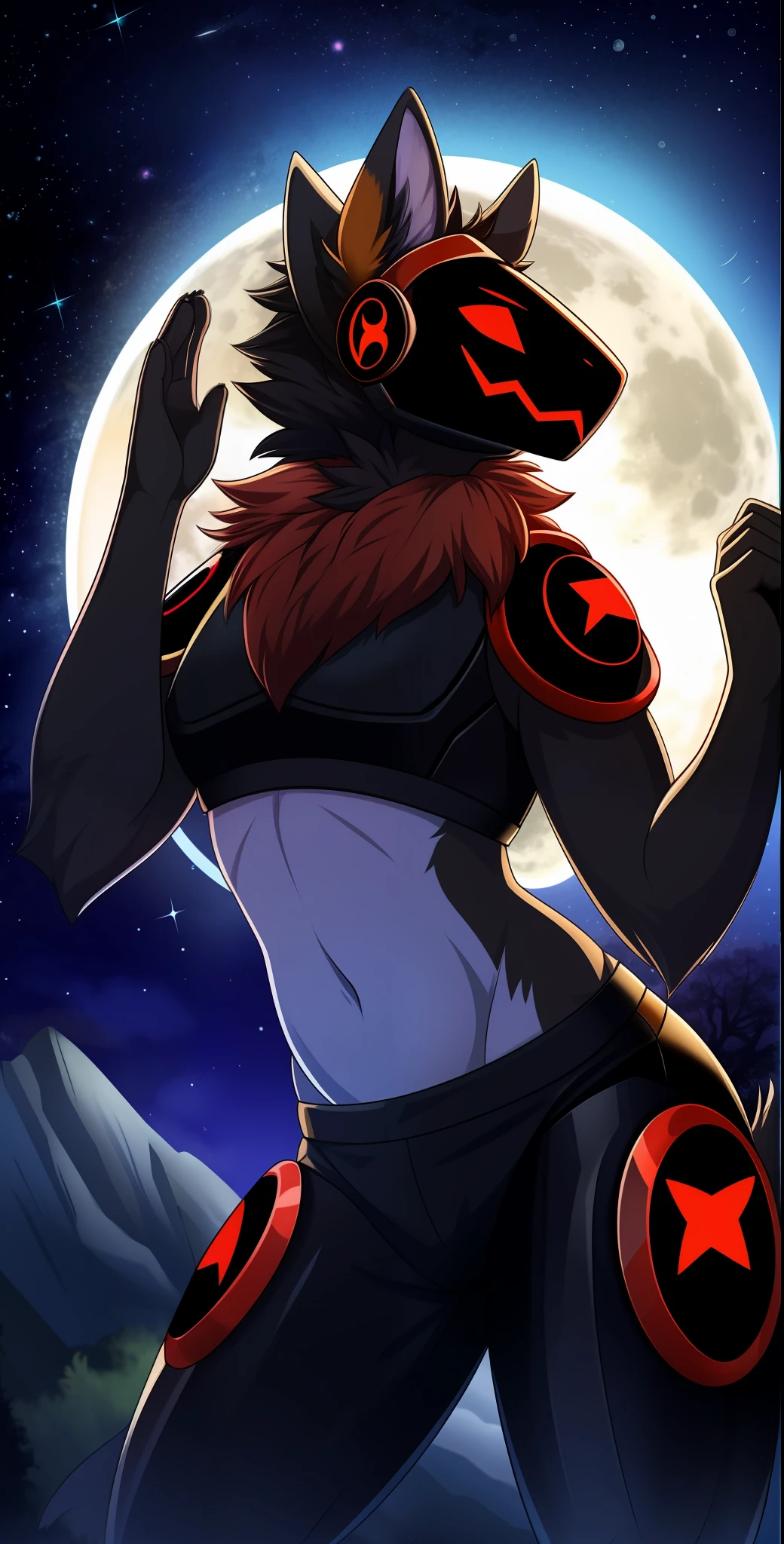 Protogen, pelaje negro y ojos rojos, pelaje suave, cuerpo detallado, pose de pelea,sosteniendo una espada con una mano ,cielo oscuro, estrellas, luna llena, anochecer