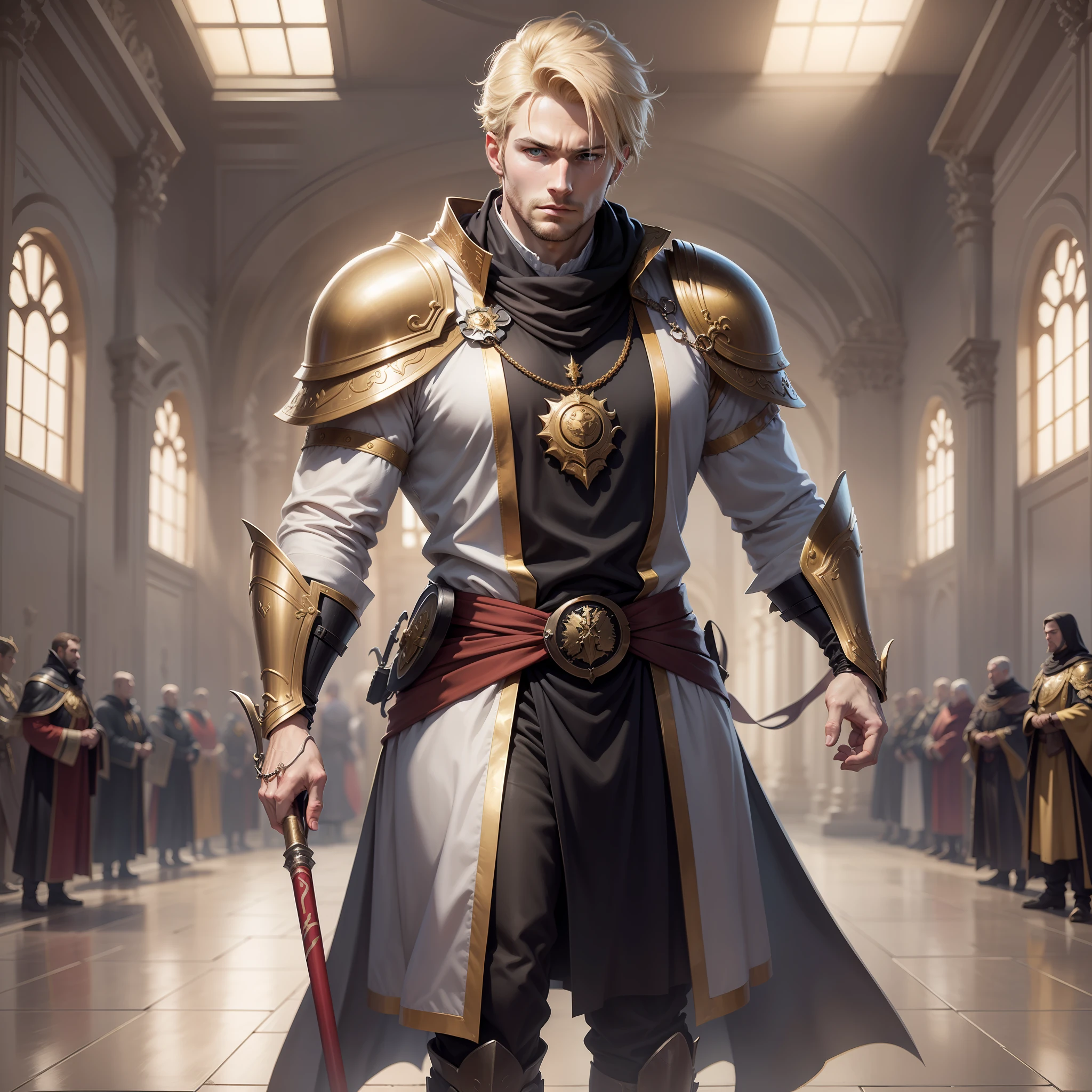 realistic image in anime style art of a tall, strong man, 30 years old, blond with short hair, blue eyes, cold expression, dressed in black cleric robes and with golden shoulder pads, rpg warrior, standing in a wide hall of a royal palace