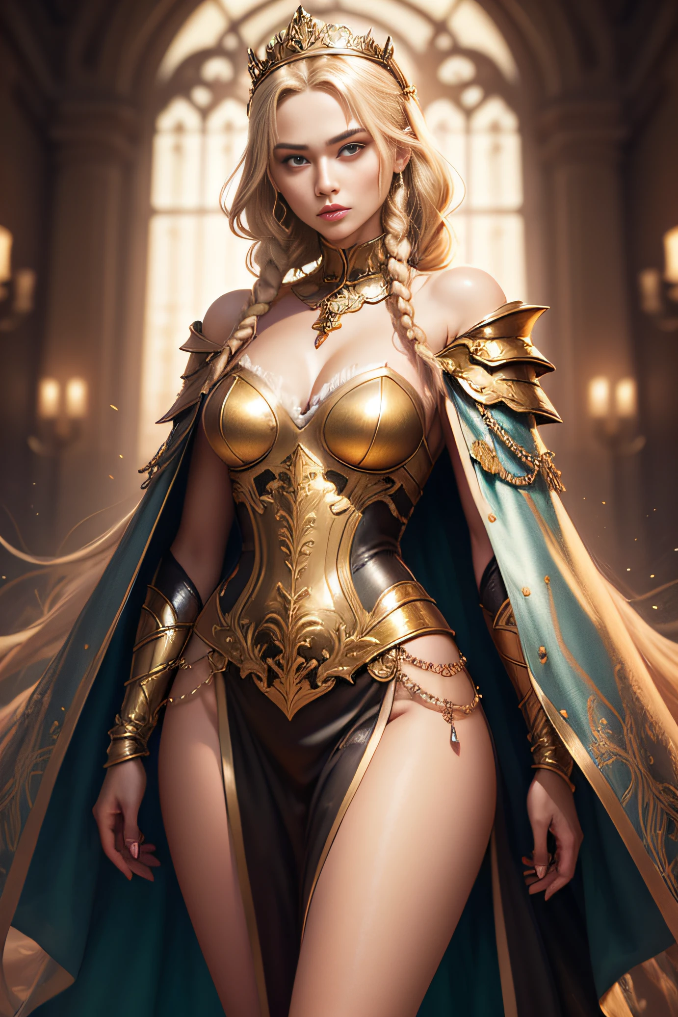 Blonde haired woman with braids, (medieval punk green neckline armor). Bright chrome gold lingerie with sharp reflections. Gems. Bare shoulders. (tiara). Low muscle definition. Beautiful legs. Bare shoulders visible. Detailed lighting. Artwork. Extreme beauty. Clothing with intense colored gradient effect. Professional image with high saturation. Professional camera. Illustration. Vibrant colors. vibrant yellow eyes, thin, fur cape, bright golden eyes, symmetry, intense look, black details on clothes, golden aura