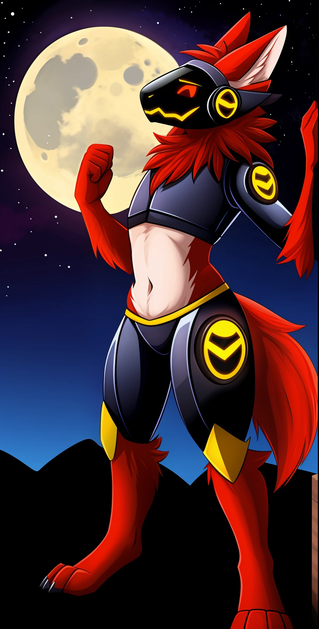 Protogen, pelaje negro y ojos rojos, pelaje suave, cuerpo detallado, pose de pelea,sosteniendo una espada con una mano ,cielo oscuro, estrellas, luna llena, anochecer