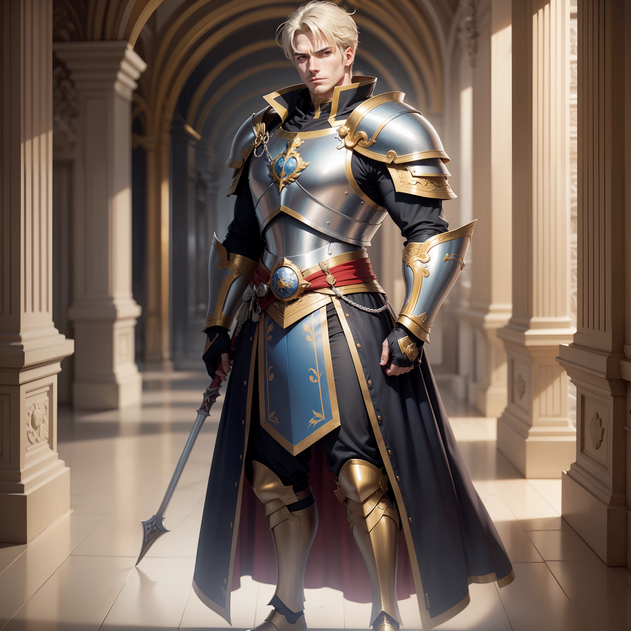 realistic image in anime style art of a tall, strong man, 30 years old, blond with short hair, blue eyes, cold expression, dressed in black cleric attire, with silver armor on his chest and with golden shoulder pads, rpg warrior, standing in a large hall of a royal palace