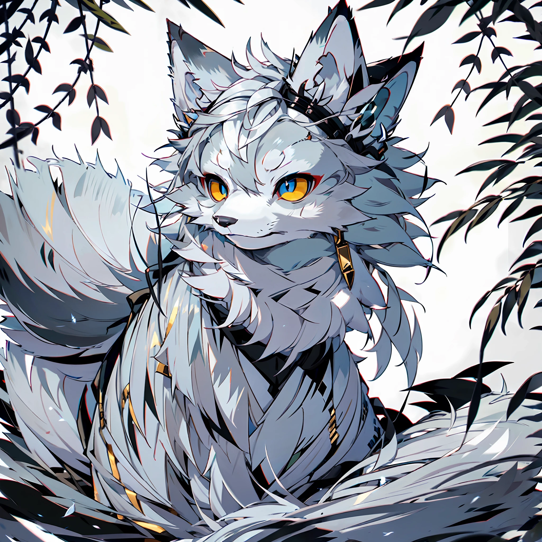 Solo, furry, male arctic fox, gray fur, gray skin, gray ears, golden eyes, sharp claws, fluffy tail