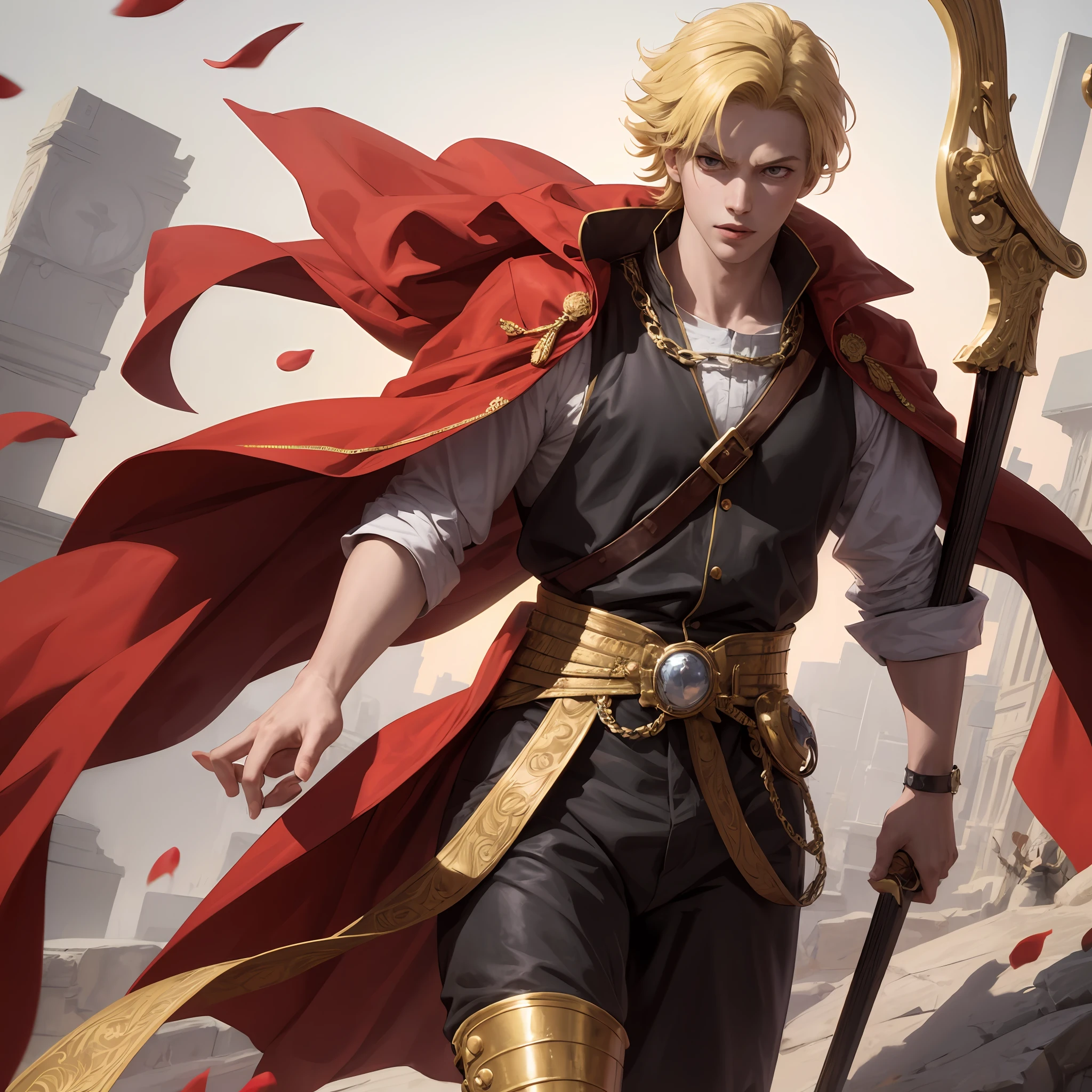 8k, best quality, masterpiece, highly detailed, semi realistic, 1 boy, mature male, 20 years old, yellow hair, short hair, curtain bangs, blue pupils, golden armor, black fluffy pants, golden iron boots, redblack fluffy brimmed cloak, wielding sword, knight, coronation ceremony，War, flames, bloodstains，Lily, petal rain，banner, uzumaki naruto,  from front,  masculine, tall, handsome --auto