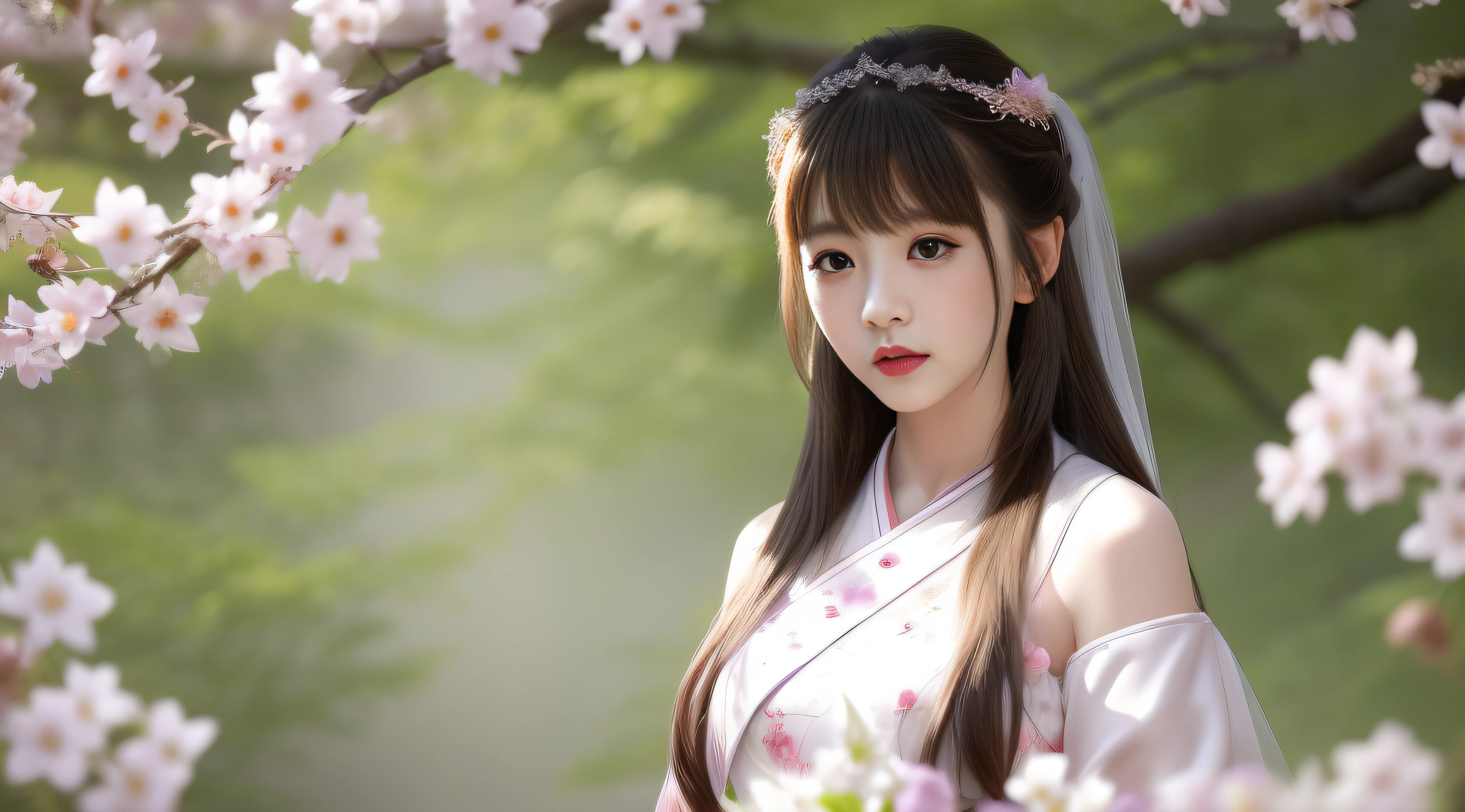 最佳质量,超高分辨率,(真实感:1.8),1girl,(最高细节面部:1.2),blue_sky,blurry,blurry_background,blurry_foreground,branch,bridal_veil,bride,cherry_blossoms,chinese_clothes,curtain_grab,窗帘,day,depth_of_field,flower,hanami,hanfu,lips,long_hair , outdoors, parted_lips, petals, pink_flower, pink_theme, plum_blossoms, shawl, solo, solo_focus, spring_\(season\), tree, upper_body, veil, wedding, wedding_dress, 紫藤花