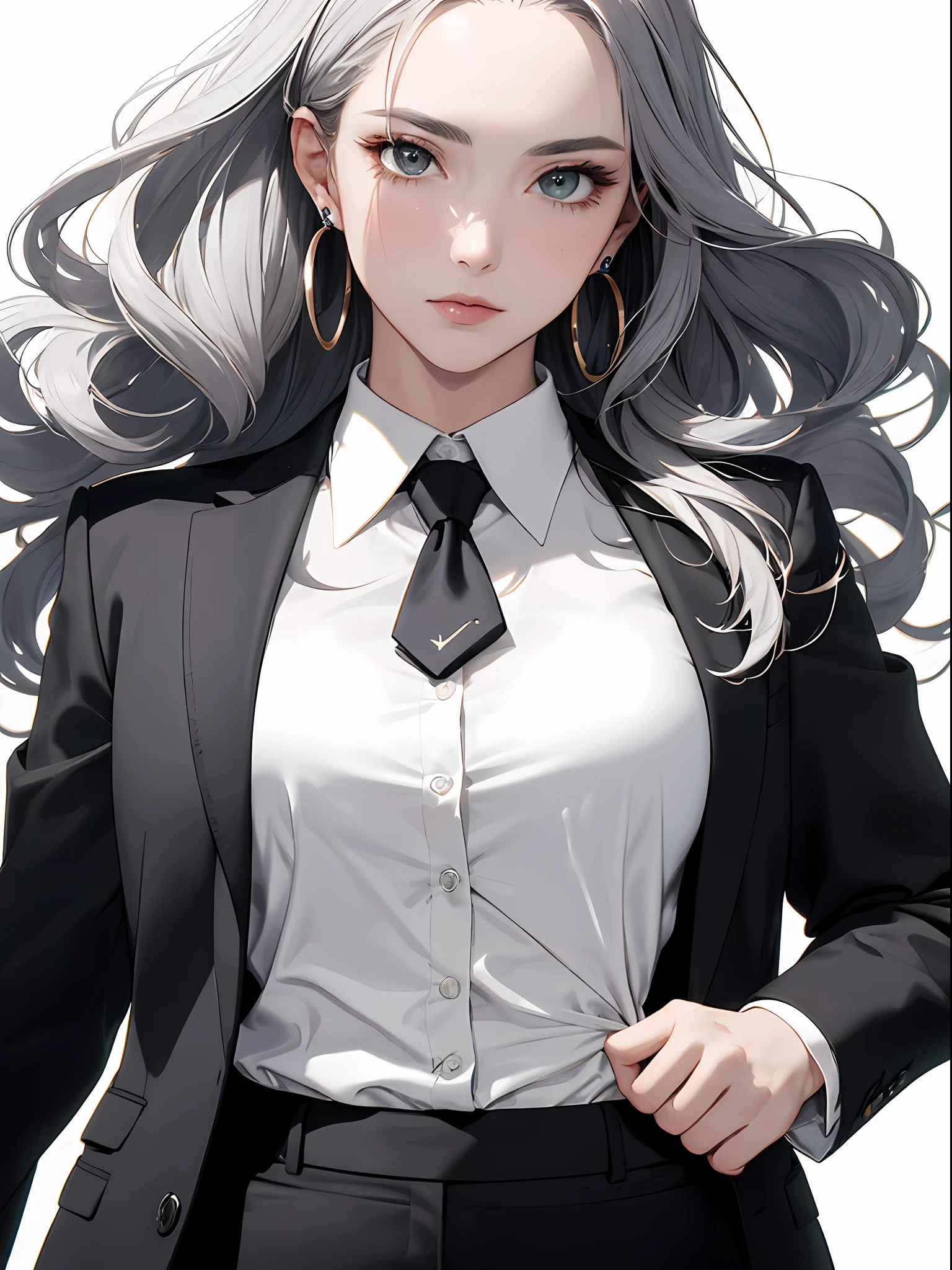 ((Masterpiece, Superb Business Negotiation Aesthetics)), 1 female solo, close-up, (Determined eyes), (Black blazer, white shirt, tie, trousers), (wavy hair), (Formal wear), Mature woman, (Clear facial features, detailed skin texture, beautiful face), White background, Earrings, perfect slim thick body, huge breasts, Standing, (Masterpiece, Top quality, Best Quality), ((Flat Color))