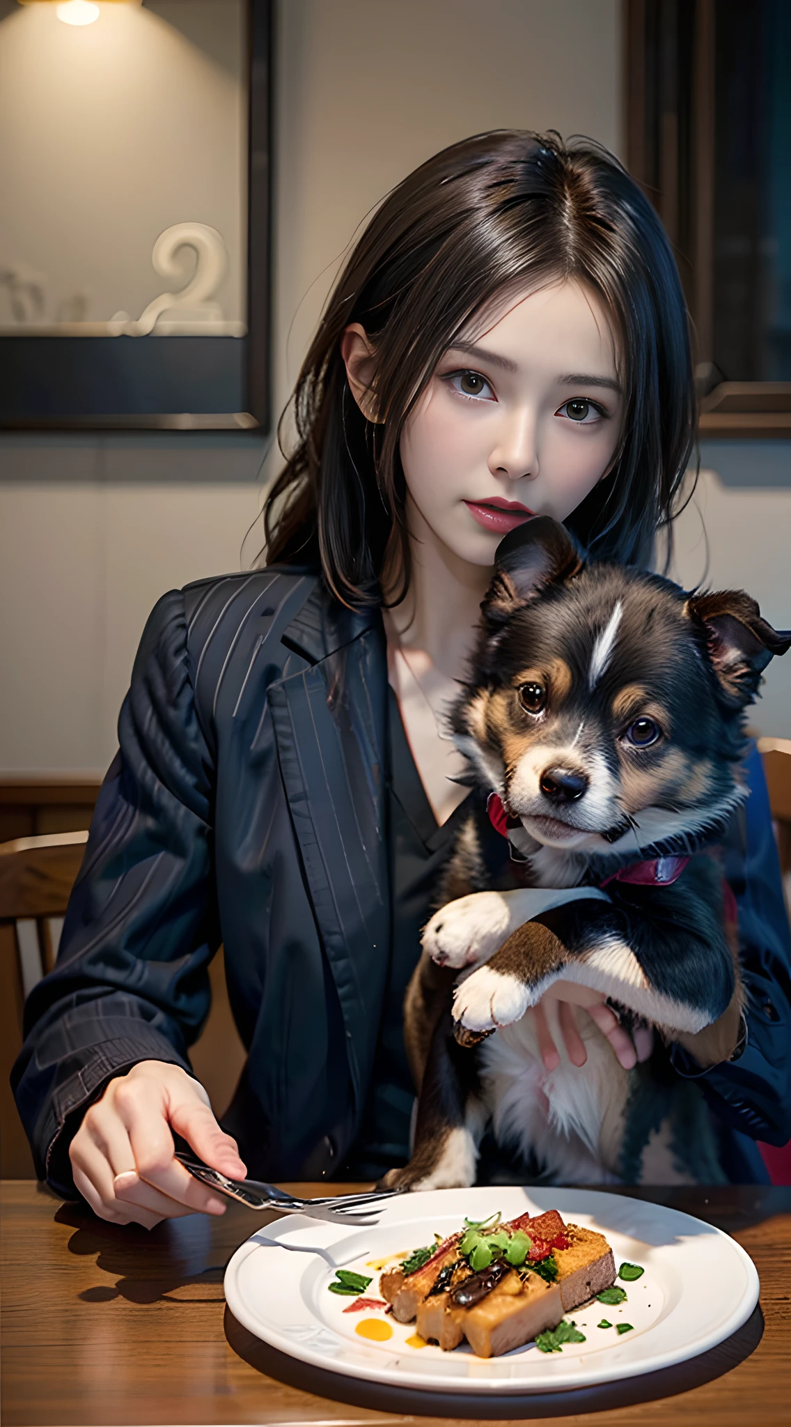 beste-Quality,masterpaintings,ultra-high-resolution,(真实感:1.4),OriginalPhoto,There was a woman sitting at a table,Holding a plate of food and a dog, from the new john wick movie, ville valo, johnny silverhand, in the john wick movie, portrait of john wick, Keanu Reeves, portrait of keanu reeves, with his hyperactive little dog, John wick, with dogs, NewYork, nouveau, NewYork, mark simonetti