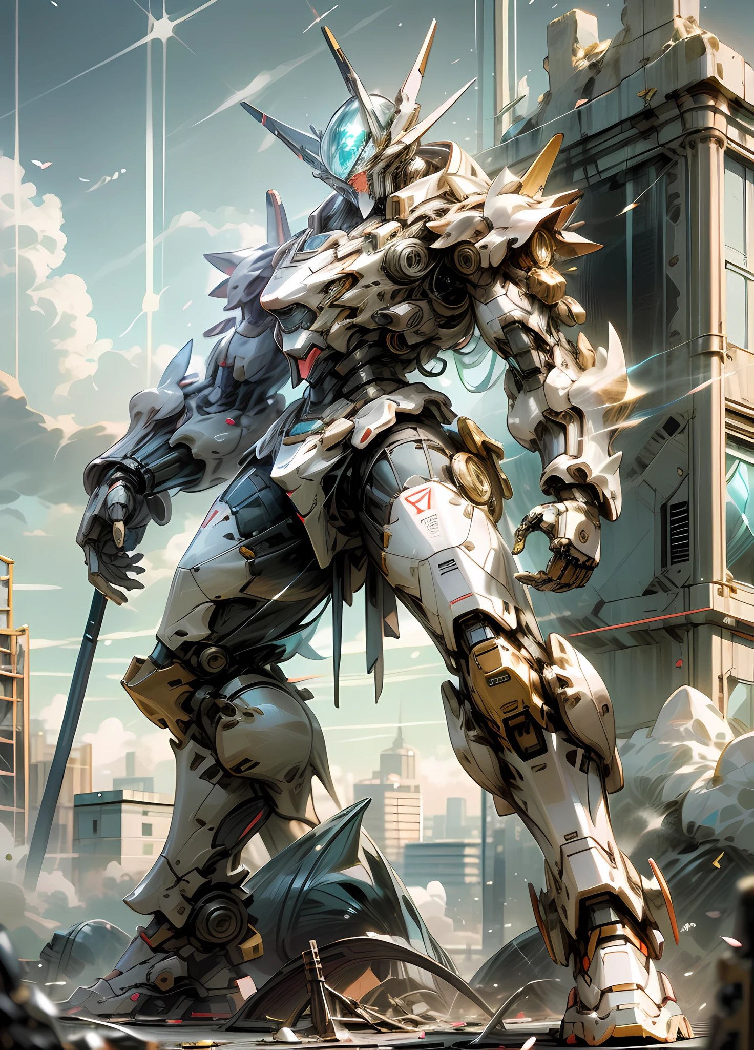 Tall mech, armor, robot, (golden can), cyberpunk style, mecha covered with dragon pattern, huge body, (complex structure), super detailed detail, ruins background, full body shot, 8K, super clear, super HD, super realistic, super real