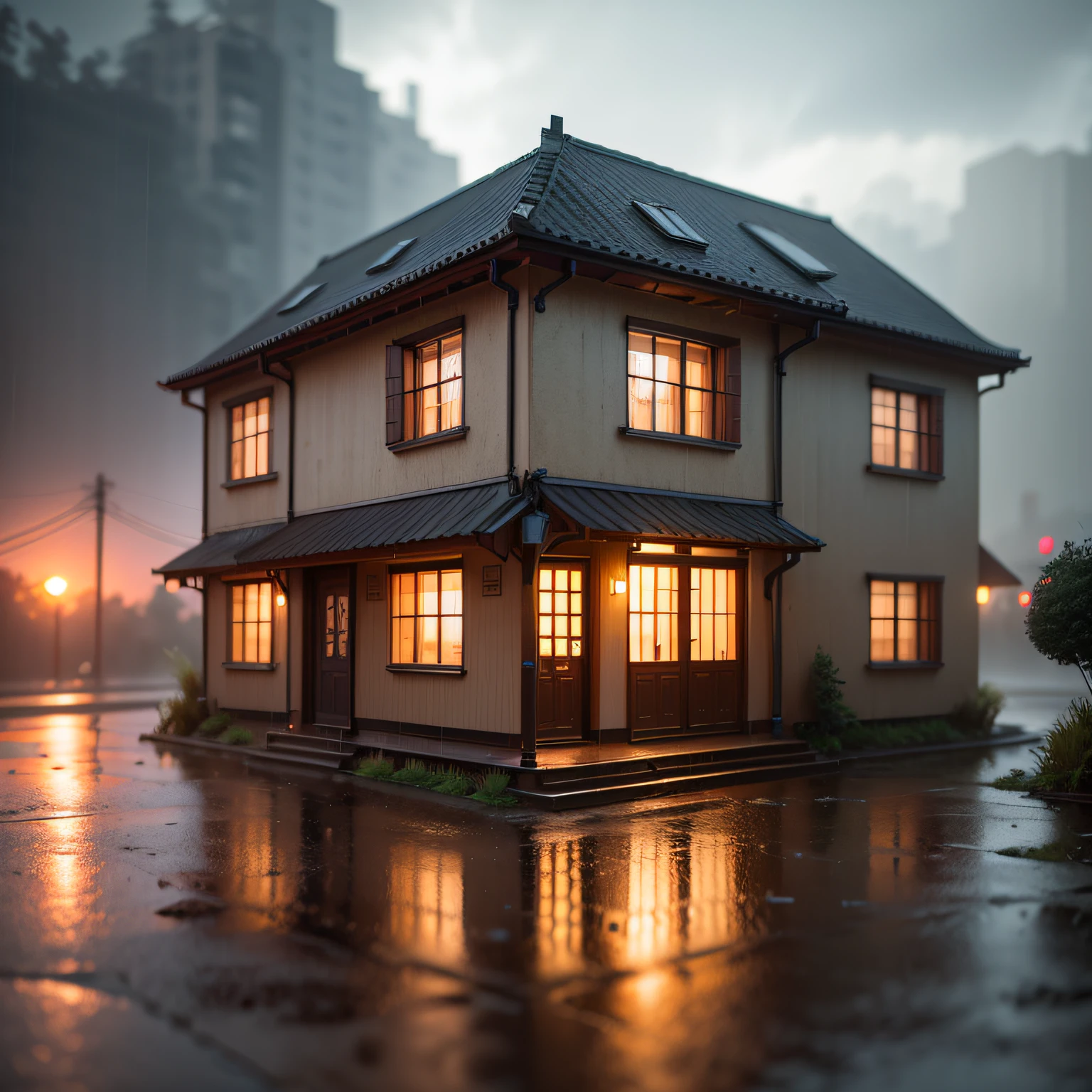 In a rainstorm,Fuxin hostel 1:20 miniatures,3D equidistance,Fuxin style,Realistic painting,Cinematic light,Lotus,dusk,midsummer,Magnificent,depthoffield,Attention to detail,8K