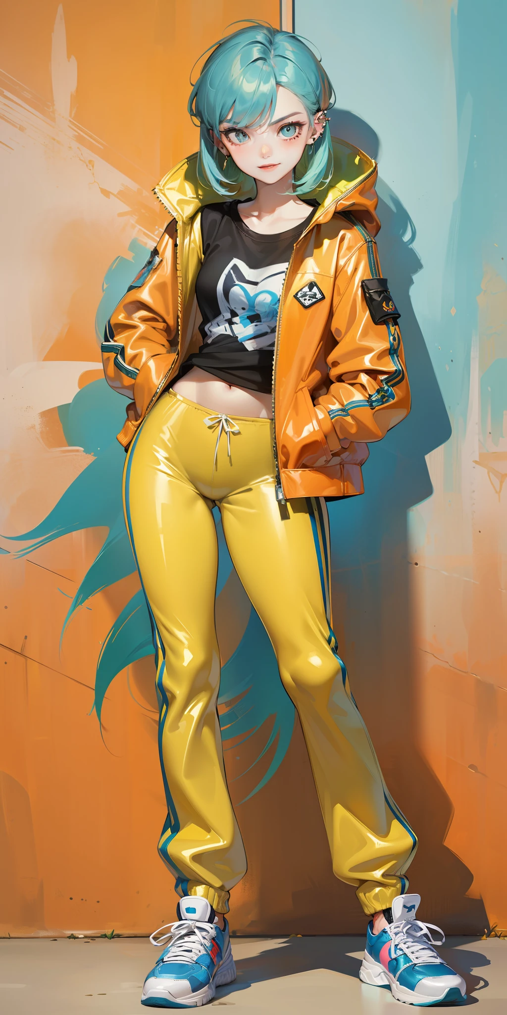 woman, (masterpiece, 4k, ultra detailed: 1.2), (beautiful face: 1.2), (1girl: 1.4), (angry, teasing, smiling, smug: 1.3), (looking at viewer: 1.4), ( standing: 1.2), (supermodel:1.4), (whole body:1.2), (hands in pockets:1.2), orange background, (shoulder gold jacket, blue sneakers:1.4), (t-shirt, three-quarter length pants tight: 1.2), (ear piercing:1.2), (black nail:1.2), (platinum green hair, colored inner hair), (medium length hair), (wide hips:1.2),