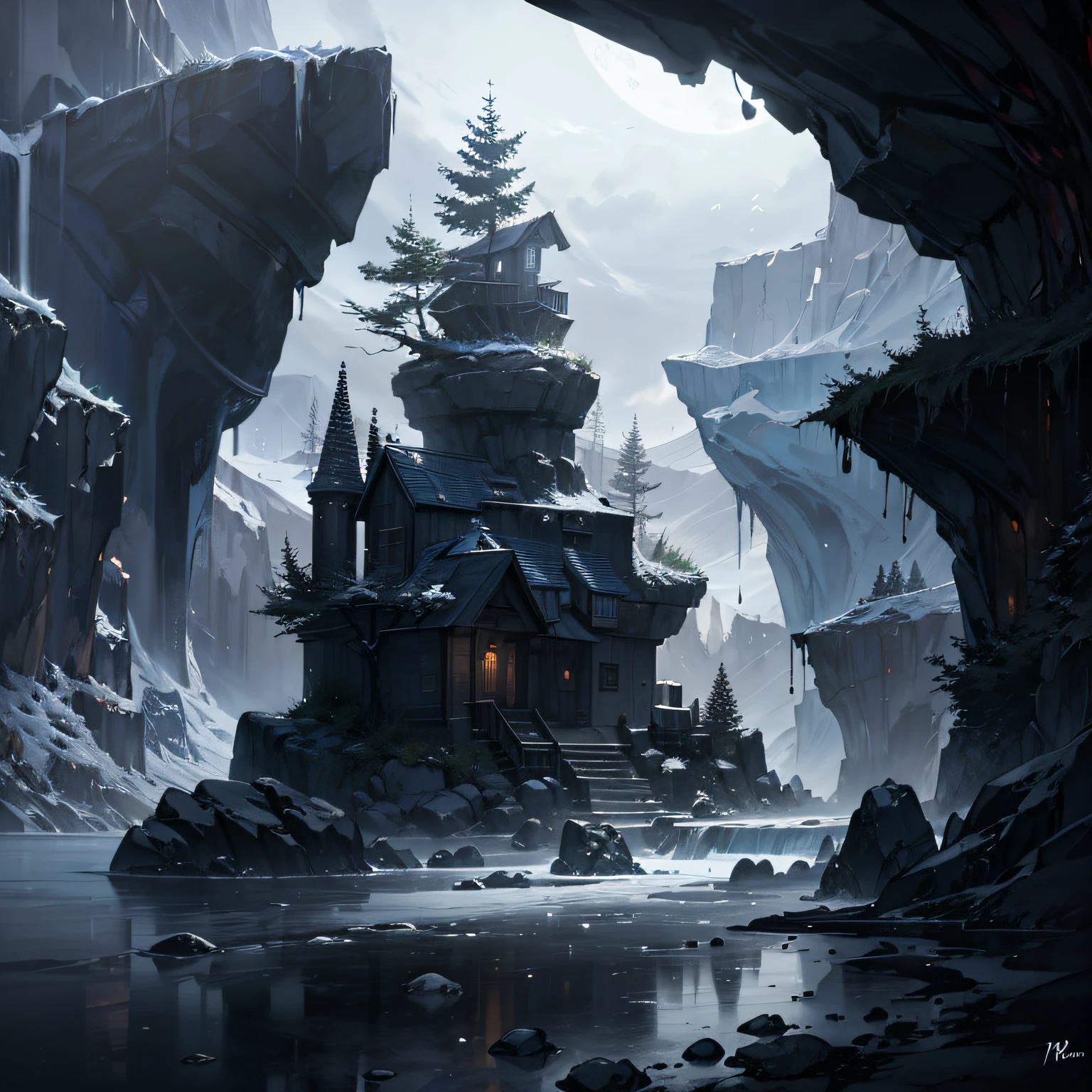 scenery, magic forest, floating rocks, night, cold, super cold, RPG style, manga style, atmospheric perspective, 8k, super detail, ccurate, best quality --auto