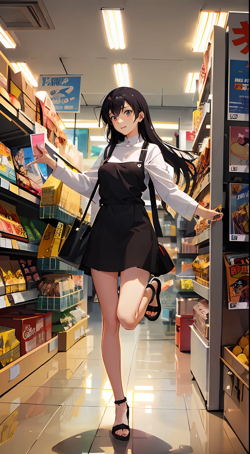 There is a poster,Makoto Shinkai anime style,The poster has a cartoon character on it, A 25-year-old girl with long hair,The girl had a very happy expression,The girl stands on one foot,One foot jump,The girl's hands were full of goods,There is a supermarket with a lot of goods behind you,Urban business background, magazine art cover illustration, Comic cover style, An anime cover, comic book's cover, magazine illustration, promotional poster, comic cover, Poster illustration --auto