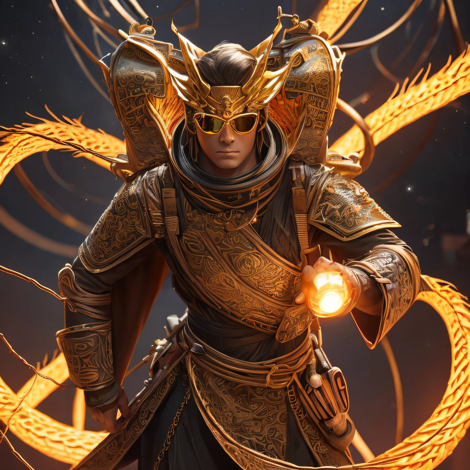 Bronze star of the Nine-Tailed Serpent,Coarse linen cape mummy head cover black gold wire cyberpunk light crossbow space station 1:900 miniatures,illustration,Side viewing angle,Wear gold wire-rimmed reflective sunglasses,Carry future weapons,Be tickled pink,Side viewing angle,full - body,solid,octane render aesethic,Perfect look,Collagen texture