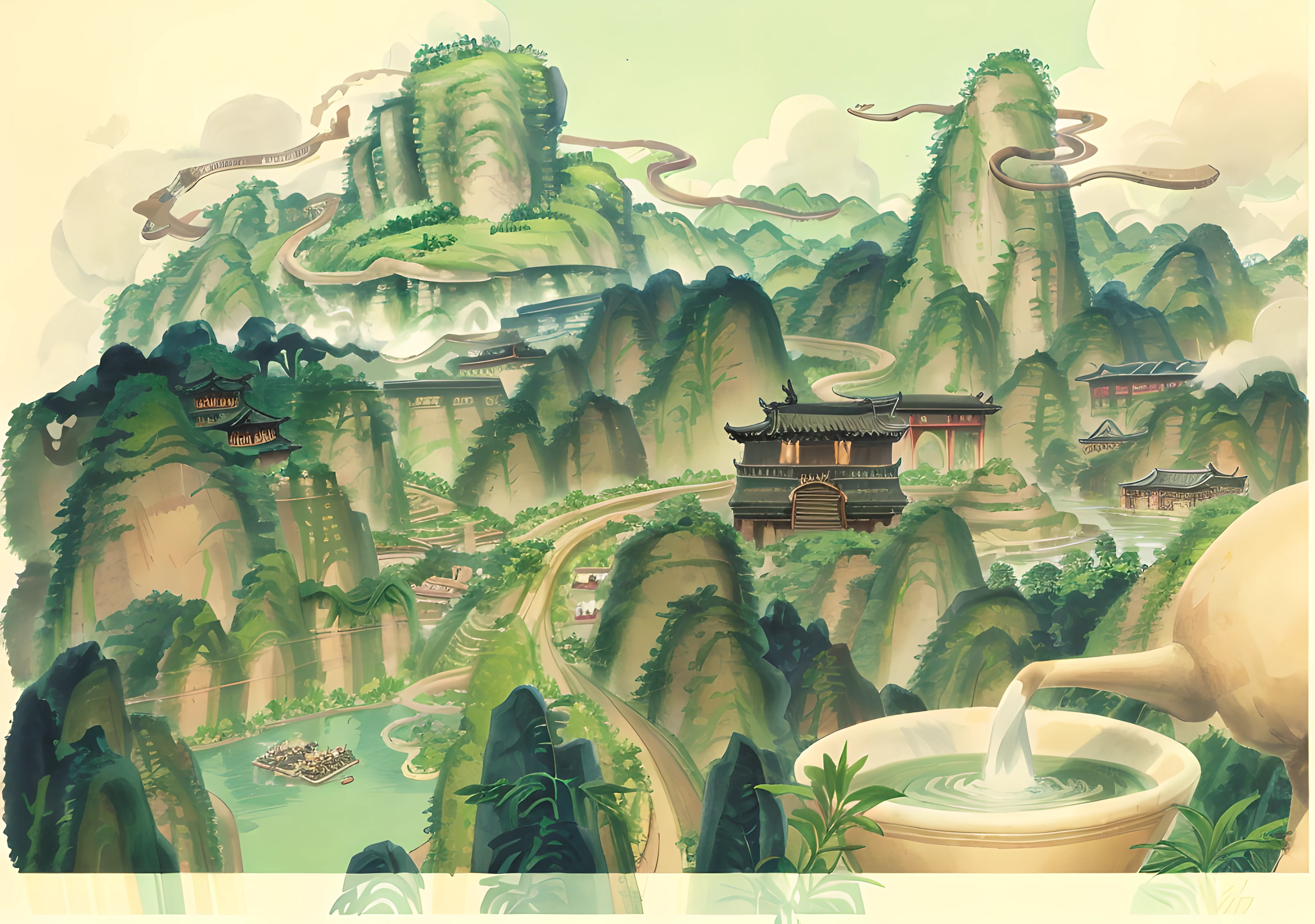 Wuyi Mountain, Chine,mountain ranges,river stream,baiyun,Ancient buildings, Vivid coloring,Full color, Tea bamboo rafts,A small flow in the landscape。Hi-Def,4k,