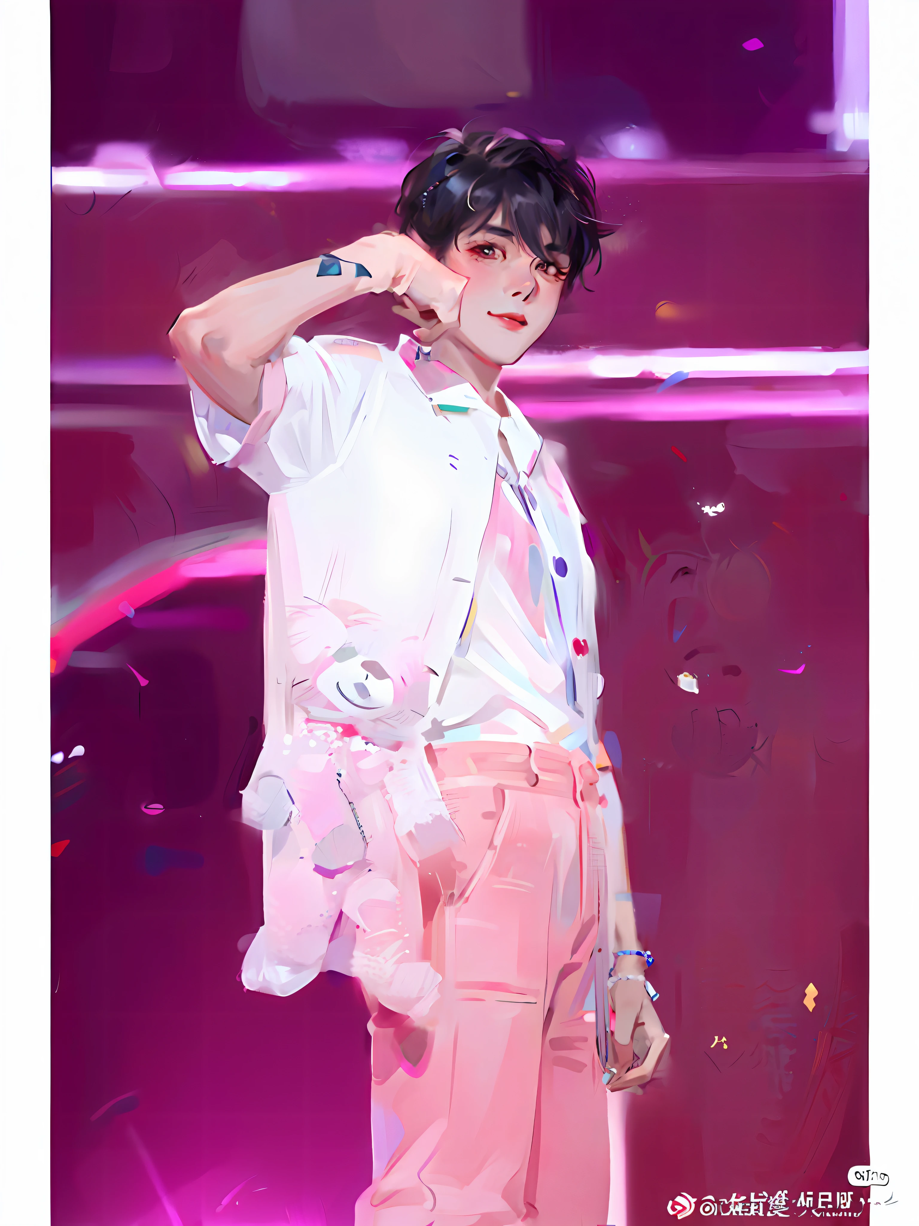 Sunny boy，male people，Show off on stage，Handsome hairstyle，White clothes and pink pants，Stand on a pink dream stage