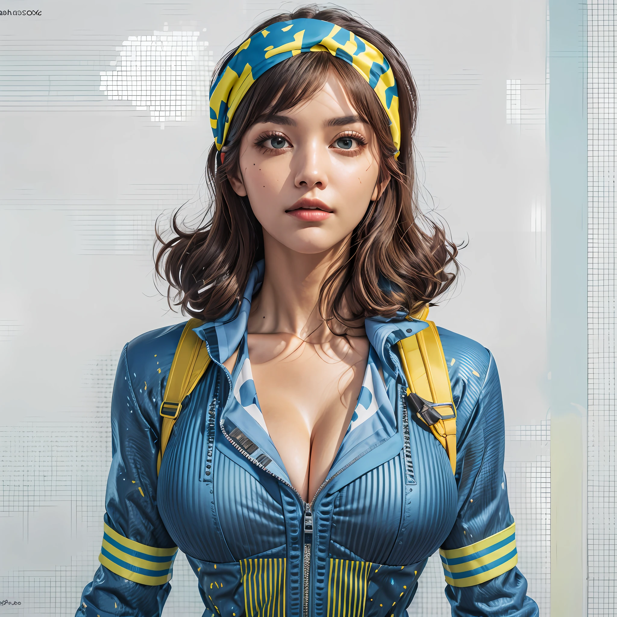 Fallout, a woman with messy brown hair, wearing a skintight vault jumpsuit, and a ragged blue metal gear bandana, brown eyes, blue jumpsuit with yellow stripes, backpack straps, fallout 3, 