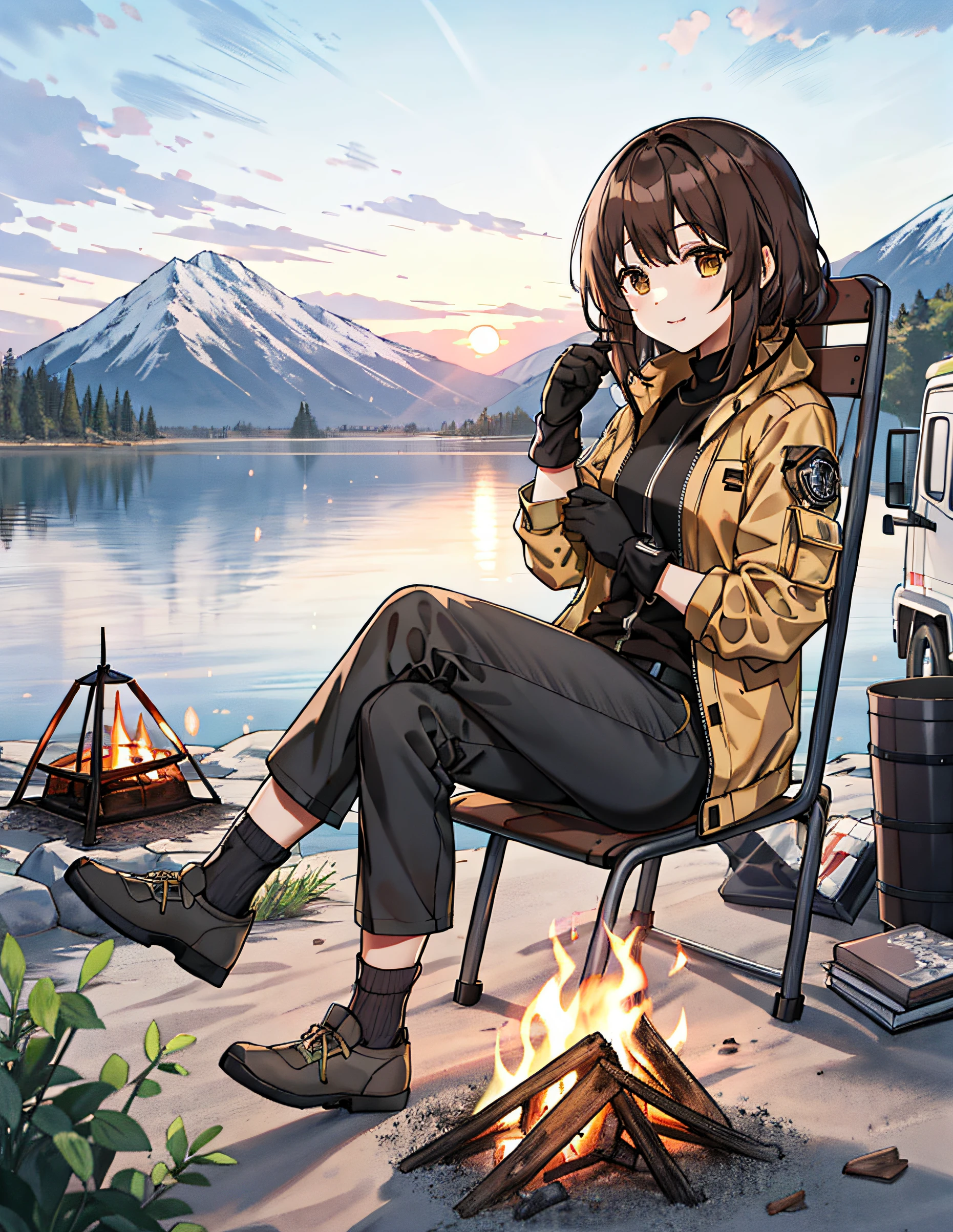 最好质量、巨作、1girl in、独奏、Brown-haired、Outdoor Jacket、Cargo pants、Long thick socks、Thick gloves、Relax in a camper chair by the campfire、late morning、sunsets、lake、Beautiful mountain range in the background、
