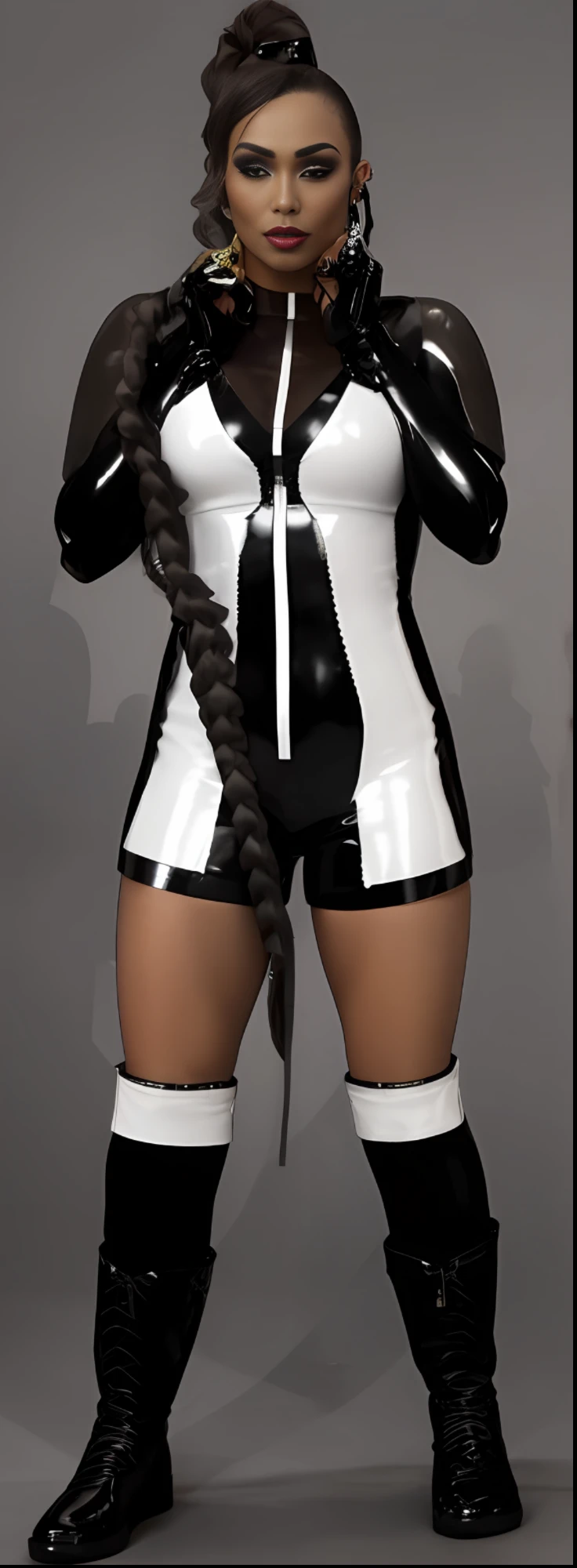 Une femme en tenue de latex posant pour une photo, robes moulantes noir-blanc!, full body x-force outfit, Tifa Lockhart aux cheveux noirs, Personnage de King of Fighters, Porter une tenue en latex Atsuko Kudo, costume en cuir noir, Cybercostume gothique, Costume en latex brillant Cyberpunk