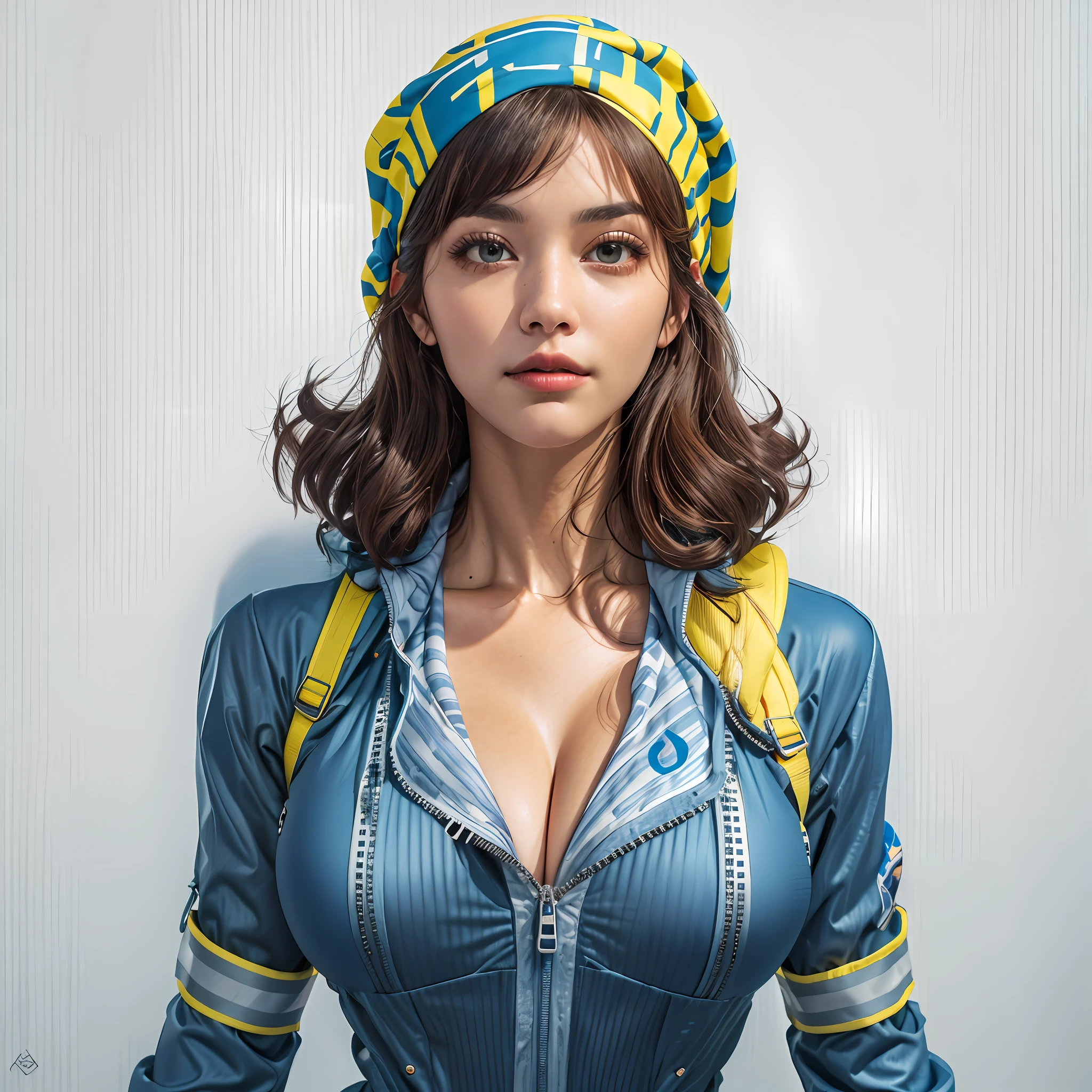 Fallout, a woman with messy brown hair, wearing a skintight vault jumpsuit, and a ragged blue metal gear bandana, brown eyes, blue jumpsuit with yellow stripes, backpack straps, fallout 3, cleavage