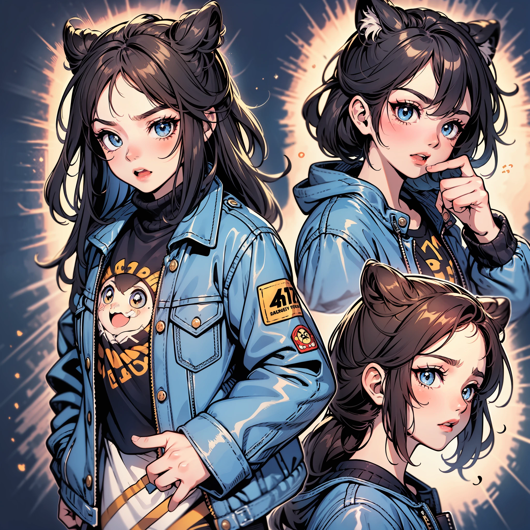 Wearing a denim jacket,Wear brass finger tigers,Fierce,9 emoji pack,9 cute poses and expressions,Disney style,Black strokes,Different emotions,8K