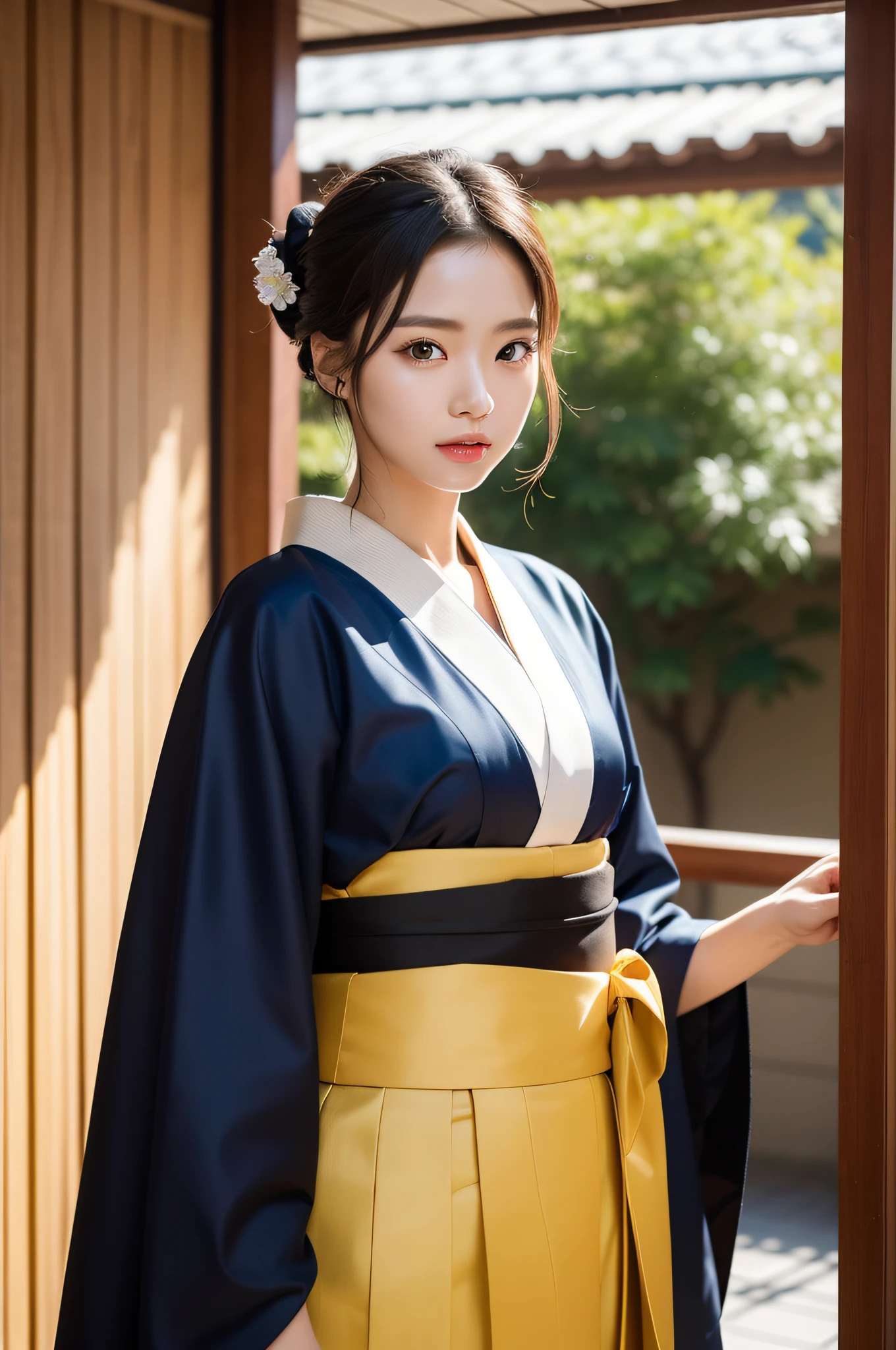 ((Best Quality, 8K, Masterpiece: 1.3)), Sharp Focus: 1.2, (Super Beautiful Face: 1.0), (Slender Abs Beauty: 1.0), (Shiny Skin: 1.0), Realistic Photography, Black Hair, Realistic Pupils, Video Lighting, High Definition Eyes and Face, Video Lighting, (Cowboy Shot: 1.3), (Kimono, Hakama, Obi: 1.4), (Korean Cute Actress), Traditional Kimono, Front Off, Big