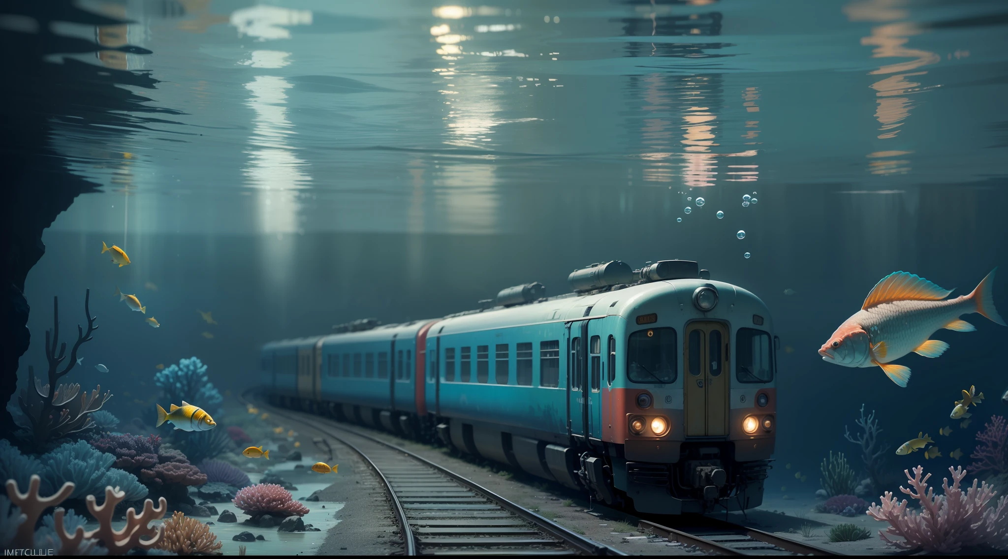 (train,misteryous, train under water, train track, in the ocean, surrealism, masterpiece),submerged, bottom of the ocean, fishs, magicle, high details, nature, artistic, contrast,shadows, gorgeous, old, cinematic,centralized, high details, BREAK symetric, gorgeous,, perfect, depth, windy, happy, freedom, magicle, impossible, traced lights, corals