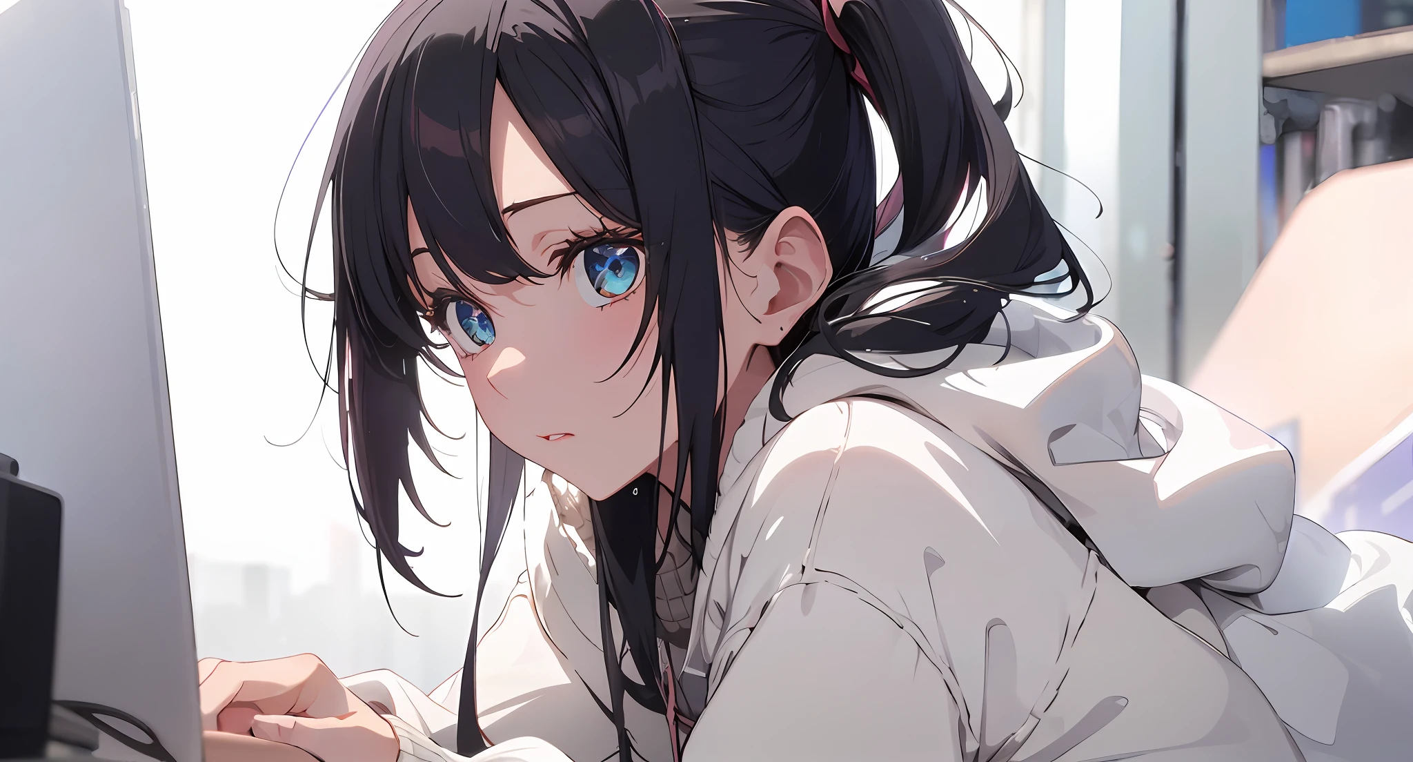 Night, colorful cyberpunk city background, rain, street, teenage girl in comfortable sweater, loli, black stockings, backlight, looking at the audience, low angle lens, looking up lens, perfect composition, perfect light and shadow delicate, 8k