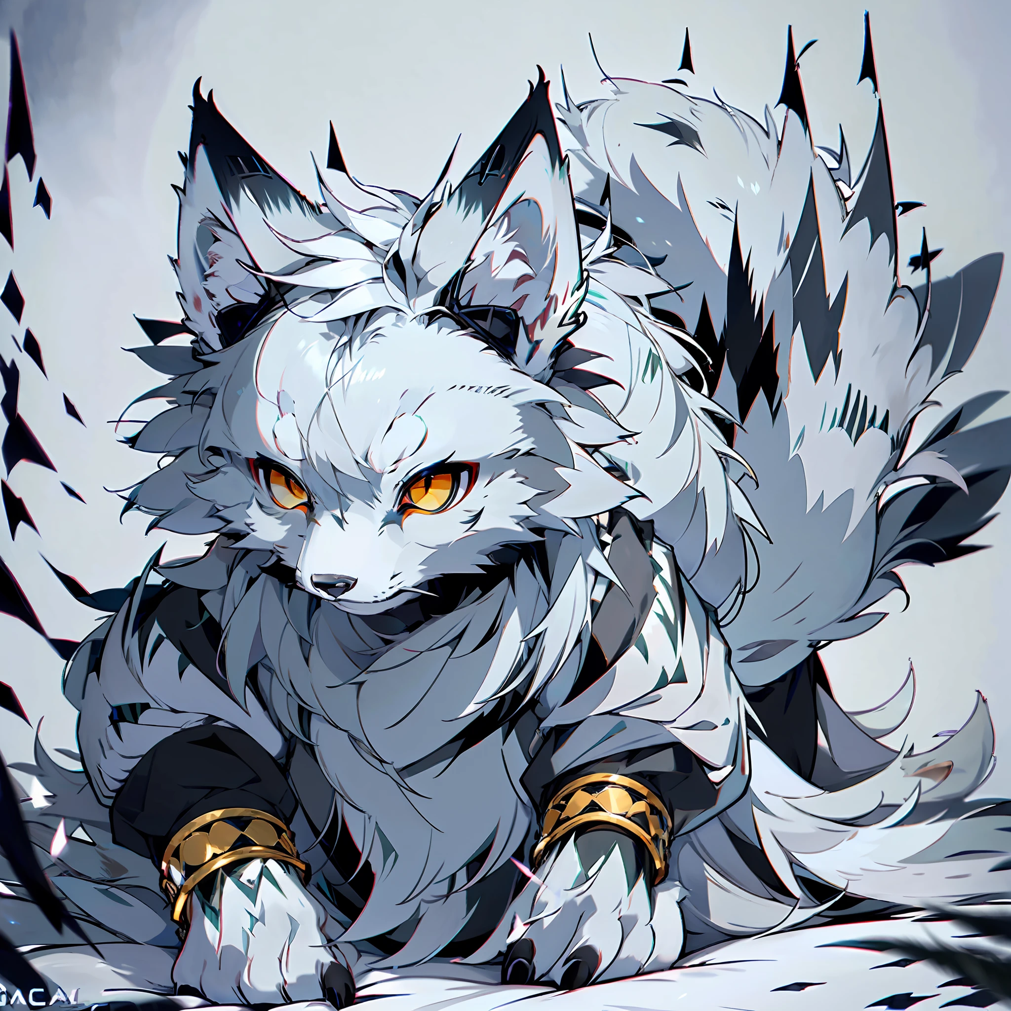 Solo, furry, male arctic fox, gray fur, gray skin, gray ears, golden eyes, sharp claws, fluffy tail