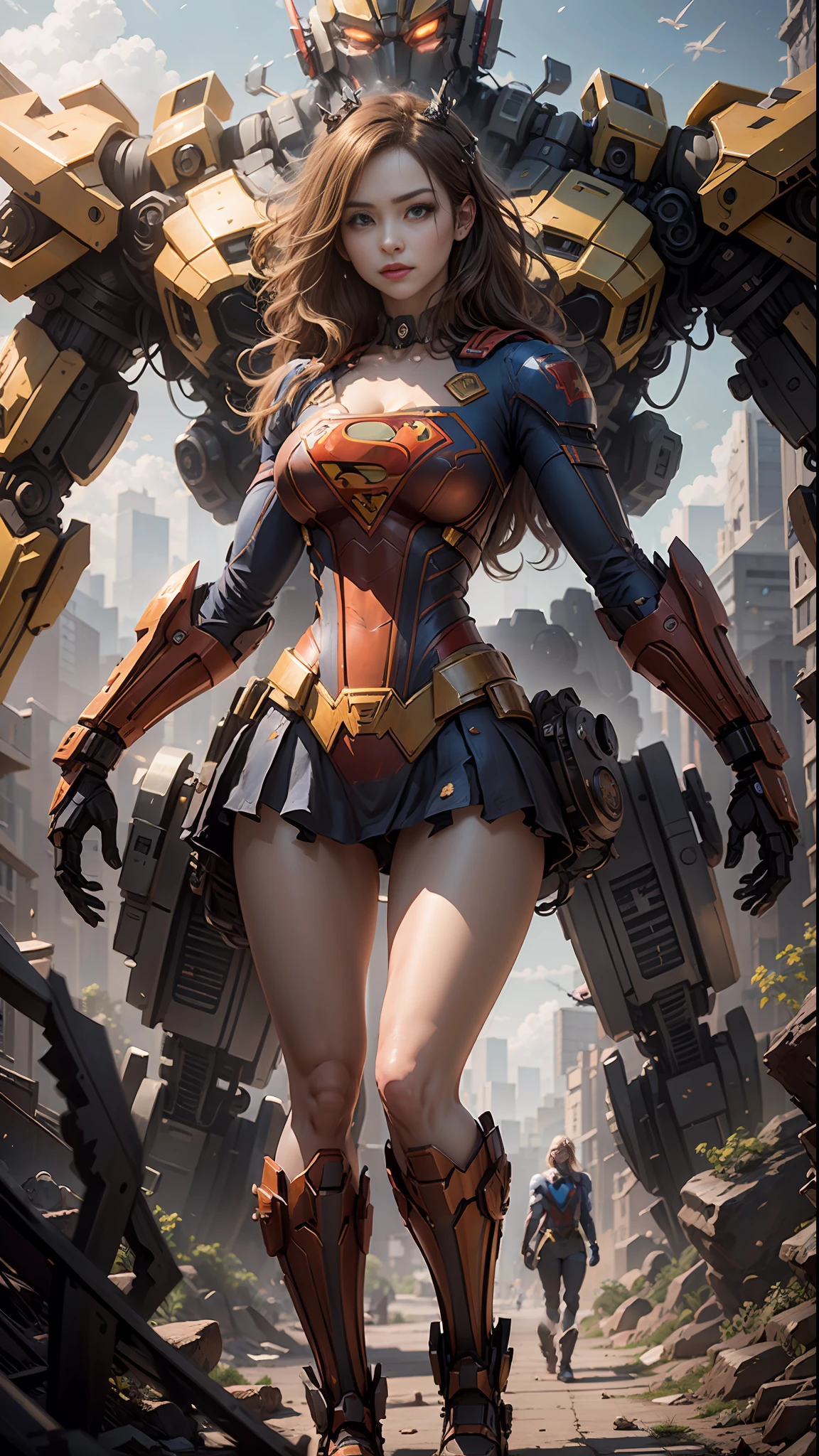 ((Best Quality)), ((Supergirl's Masterpiece)), (Very Detailed: 1.3), 3D, Shitu-mecha, Beautiful cyberpunk woman wearing crown with her ruined mecha of a forgotten war city, long blonde hair, blue eyes, superman S symbol on chest, sci-fi technology, HDR (High Dynamic Range), ray tracing, nvidia RTX, super resolution, unreal 5, subsurface scattering, PBR texture, post-processing,  anisotropic filtering, depth of field, maximum sharpness and sharpness, multi-layer texture, specular and albedo mapping, surface shading, accurate simulation of light-material interactions, perfect proportions, octane rendering, duotone lighting, low ISO, white balance, rule of thirds, wide aperture, 8K RAW, high-efficiency subpixels, subpixel convolution, light particles, light scattering, Tyndall effect