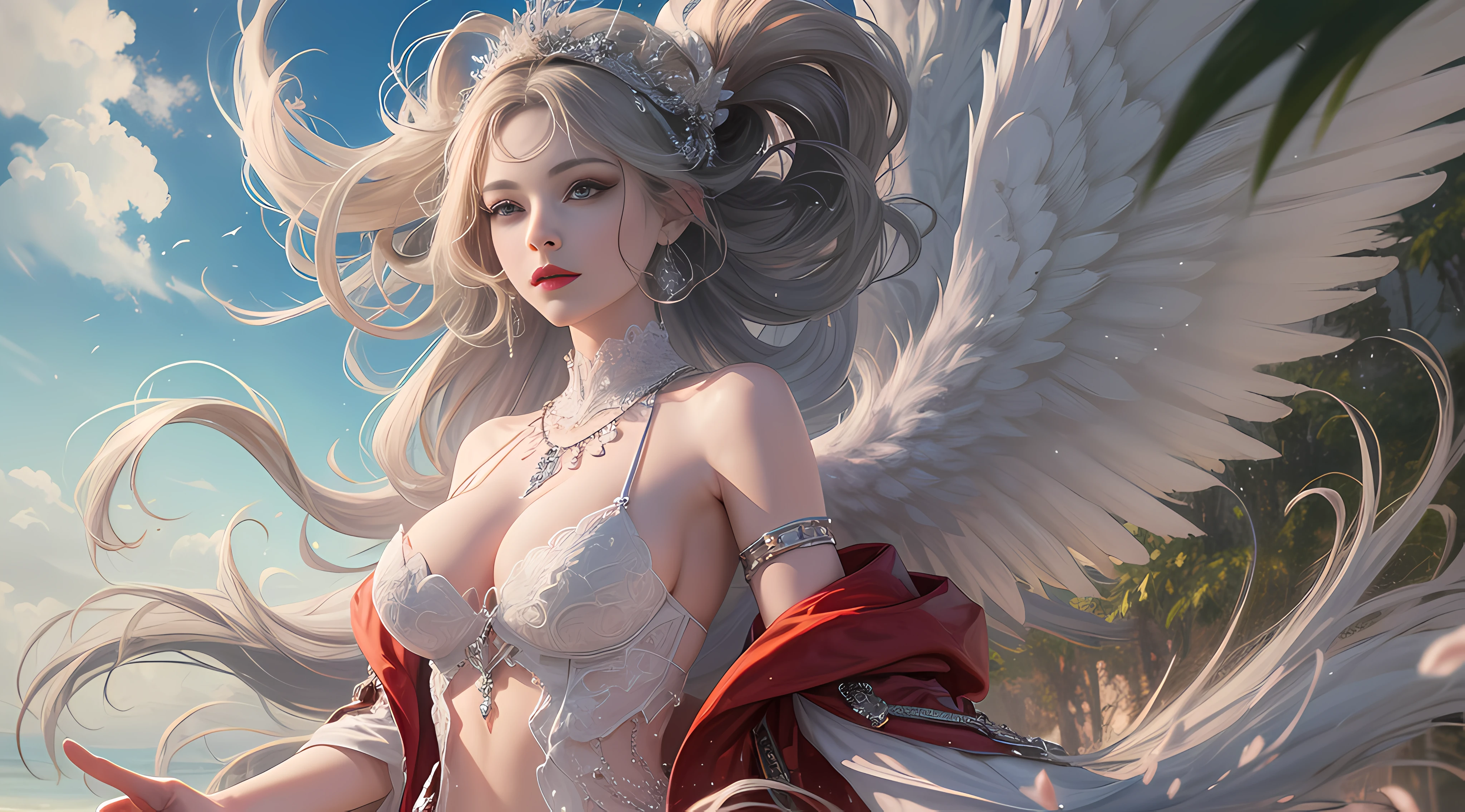 Ultra high quality，8K，Girls should not show their cleavage，High neck lace top，High cold wind，Redlip，The head proportions are perfect，Silver long hair hair，The long skirt is red and white，Swan neck，the sun was shining，necklace of diamonds，with a well-proportioned body，The color of the clothing is bright, High saturation，High detail depiction，Wings