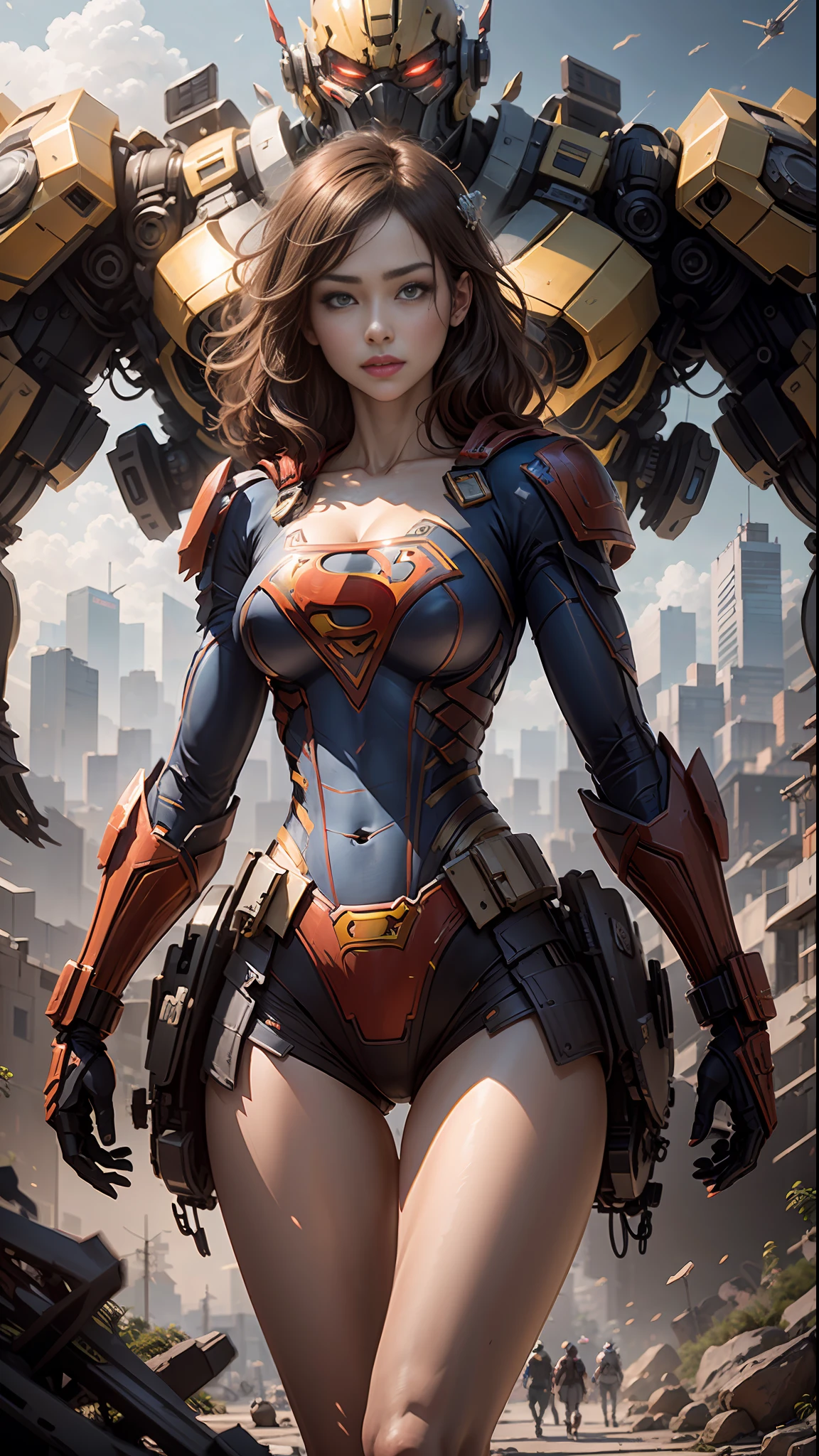 ((Best Quality)), ((Supergirl's Masterpiece)), (Very Detailed: 1.3), 3D, Shitu-mecha, Beautiful cyberpunk woman wearing crown with her ruined mecha of a forgotten war city, long blonde hair, blue eyes, superman S symbol on chest, sci-fi technology, HDR (High Dynamic Range), ray tracing, nvidia RTX, super resolution, unreal 5, subsurface scattering, PBR texture, post-processing,  anisotropic filtering, depth of field, maximum sharpness and sharpness, multi-layer texture, specular and albedo mapping, surface shading, accurate simulation of light-material interactions, perfect proportions, octane rendering, duotone lighting, low ISO, white balance, rule of thirds, wide aperture, 8K RAW, high-efficiency subpixels, subpixel convolution, light particles, light scattering, Tyndall effect