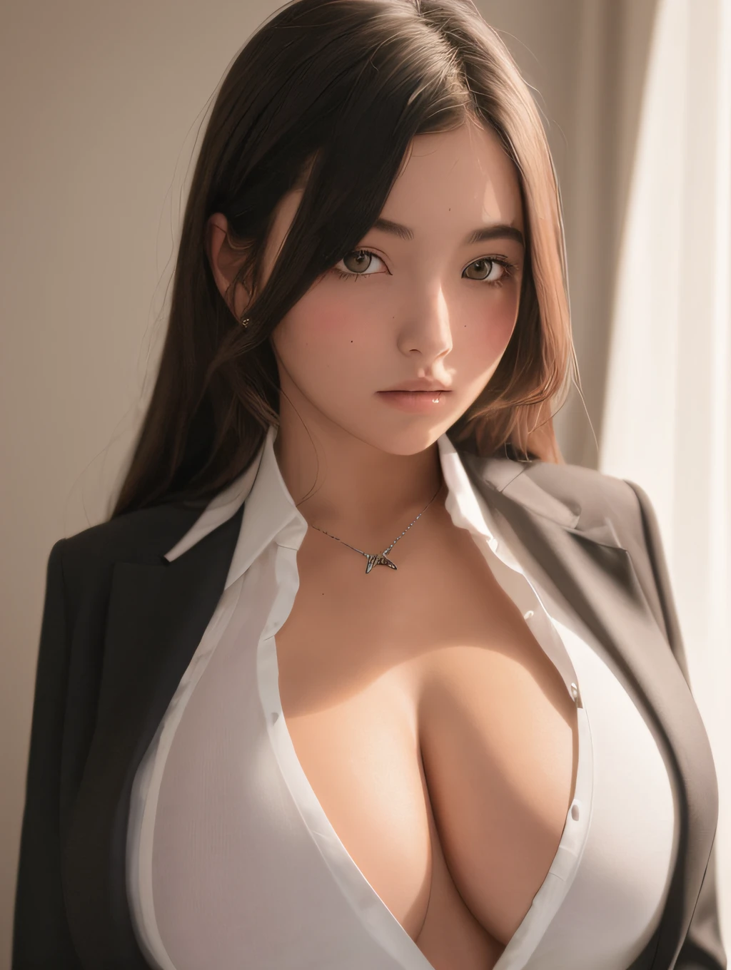 The girl has a upper body wearing a suit with very large(Bare-chest)Background bed light and shadow blush