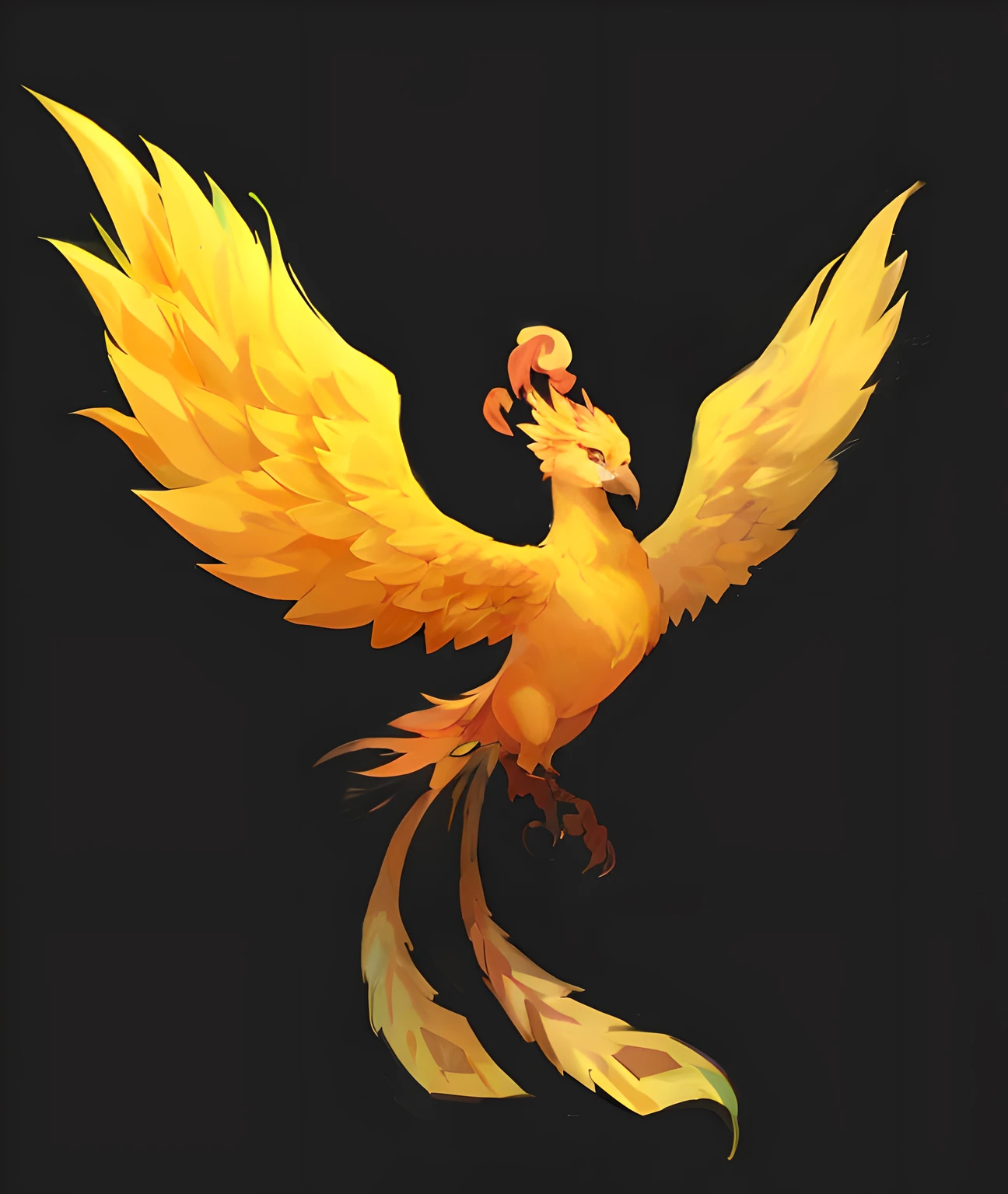 there is a yellow bird with a long tail and a long tail, fiery bird, artwork of a phoenix, ''wallpaper of a phoenix, phoenix dragon, ''wallpaper of a phoenix resting, phoenix in fire, phoenix-inspired, phoenix rising, with fiery golden wings, with fiery golden wings of flame, The Phoenix rose from the ashes, Phoenix, marco the phoenix, glowing feathers