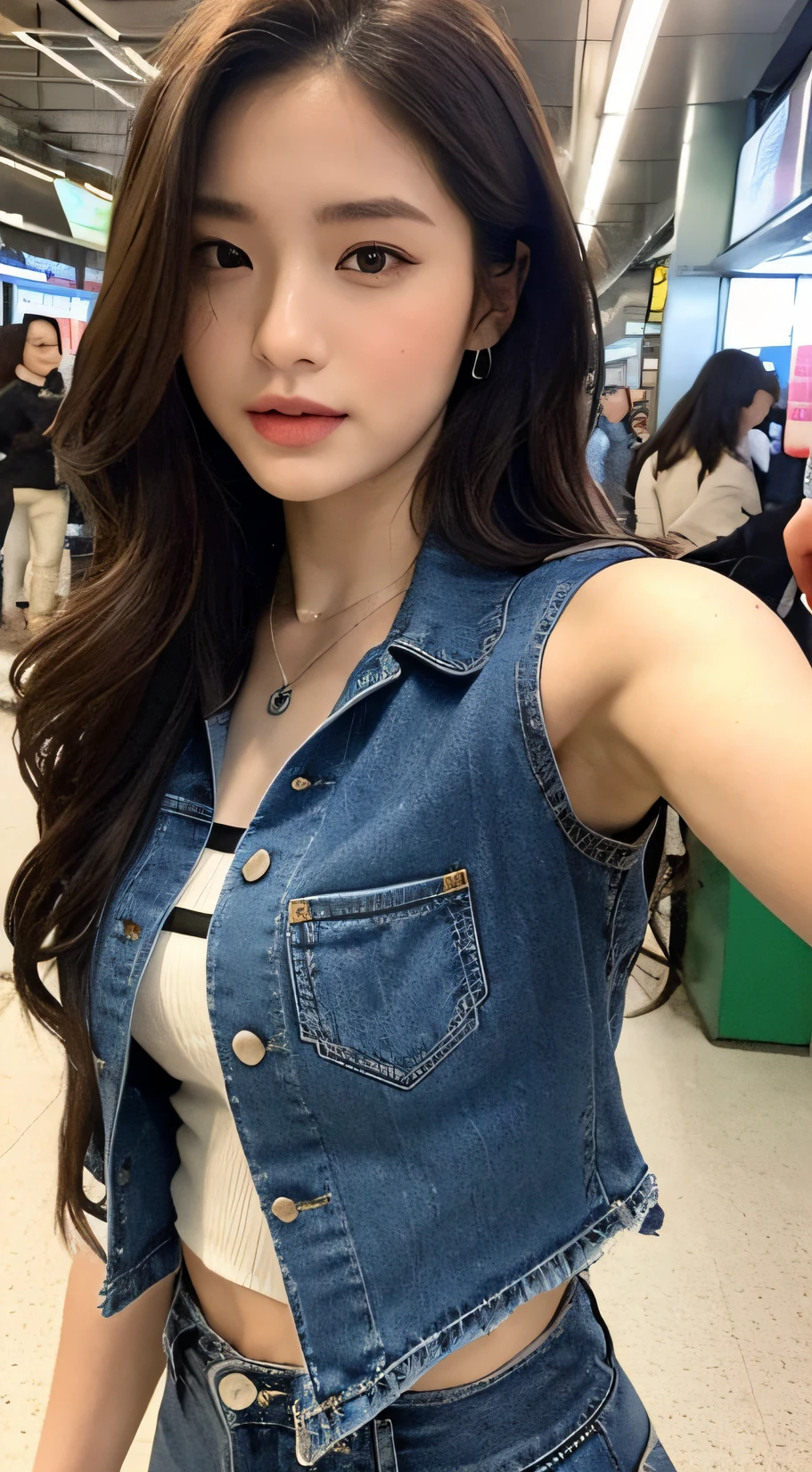 （Best Quority，A high resolution，masterpaintings：1.3），A tall and beautiful woman，Slender abs，Dark brown hair in loose wavy styling，Wearing a necklace，button- shirt，JINS，subway station，Beautifully rendered details in face and skin textures，Detailed eyes，双眼皮，Selfie angle，