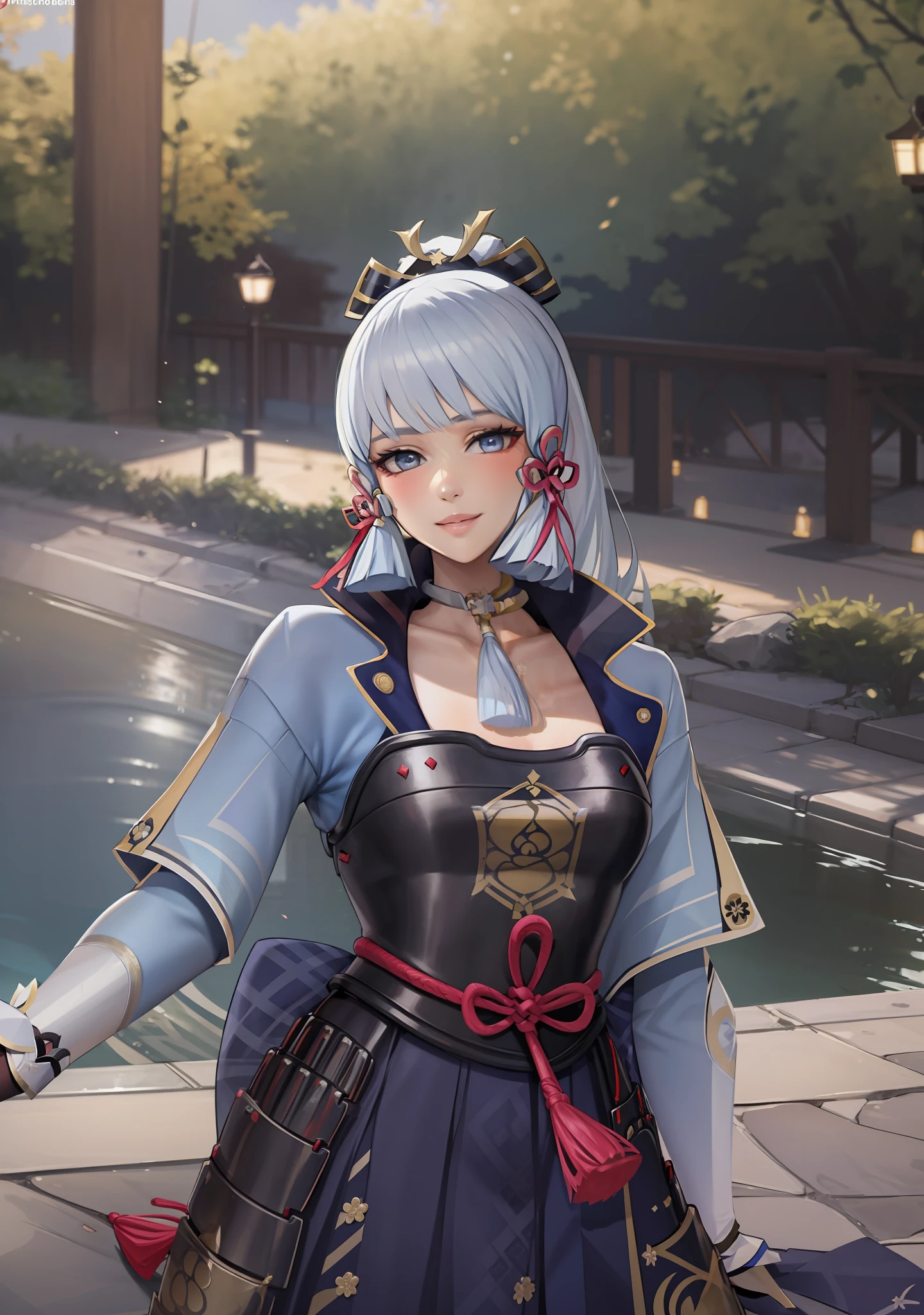 (masterpiece), (best quality), (ultra detailed),(disheveled hair),(illustration), (1girl), standing, smiling, beautiful detailed eyes, light blue eyes, detailed beautiful face, (kamisato ayaka: 1.2), Genshin Impact,focus on face, ponytail, kamisato ayaka(genshin impact), light blue hair, detailed hair, bangs, best lighting, best shadow, highly detailed, vibrant