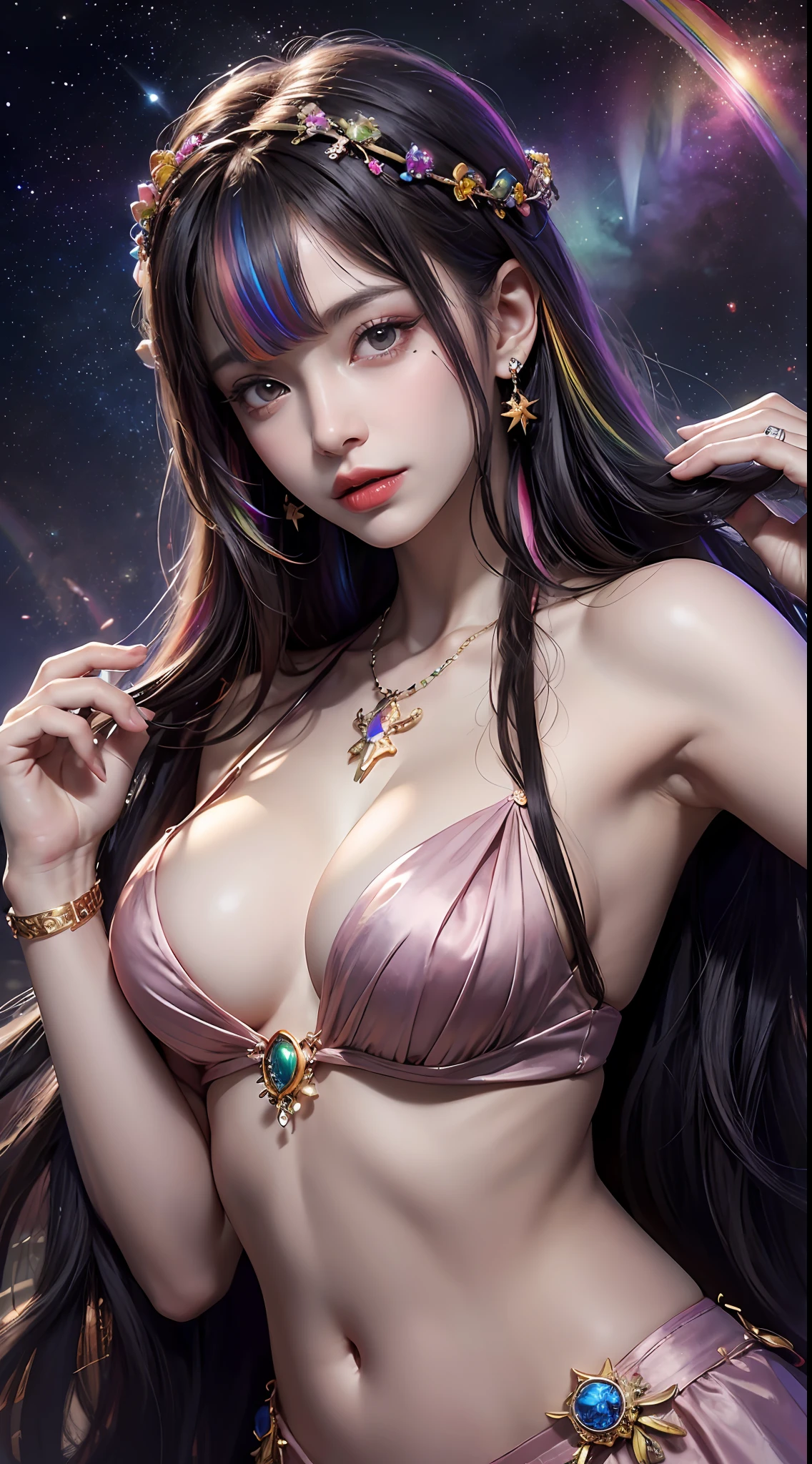 1 27-year-old girl, 1 zodiac goddess from the future, 12 zodiac goddess pink purple, 12 zodiac goddess face sexy thin yellow nightgown, long thin nightgown 12 zodiac many limbs sexy black lace detail, mythical goddess of the 12 zodiacs from the future, zodiac ♏, luxurious glittering zodiac style, dark and mysterious version, zodiac crown, lipstick red lips, thin and pretty lips, don't smile, keep your mouth shut, characters created by karol bak and pino daeni, intricate detail, detailed background, extremely detailed, light magic, a woman, clear face, looking at the upper body of the goddess of the zodiac, round breasts, big and round breasts, phoenix hair brooch, long hair with bangs, (Long hair has 7 colors like rainbow:1.9), beautiful detailed face and well-proportioned eyes, (transparent yellow eyes: 1.8), big round eyes and very beautiful and detailed makeup, visionary, long silk nightgown, mysterious makeup, Bracelets, side bangs and dye pale yellow, upper body, (zodiac goddess upper body: 1.8), drooping arms, Realistic and vivid photo, (stars that make up the zodiac: 1.7), ( sky zodiac and fictitious space and time portal: 1.8), fiction art, RAW photo, hanfu photo, best photo , high_res, best quality, best photo, 8k quality, 8k ultra , surrealism, the most economical real photo, artistic portrait of 12 zodiac signs, 1 symbol of 12 zodiac signs behind, single portrait of 12 zodiac goddess, The most realistic color scheme, best photo color, masterpiece, hair ornament, necklace, jewelry, Beautiful face, upper body, tyndall effect, photo realistic, dark studio, border light, two tone light, (detailed skin) high: 1.2), 8k uhd, dslr, soft light, high quality, volumetric light, candid, Photo, high resolution, 4k quality, 8k, Bokeh, Smooth and sharp, pixel up 10 times, Charming zodiac goddess, sexy zodiac goddess, (background space: 1.8), (galaxy: 1.7), aurora, lightning, (Aurora Background: 1.8) <lora:locon_perfecteyes_v1_from_v1_, beautiful goddess and flowers,