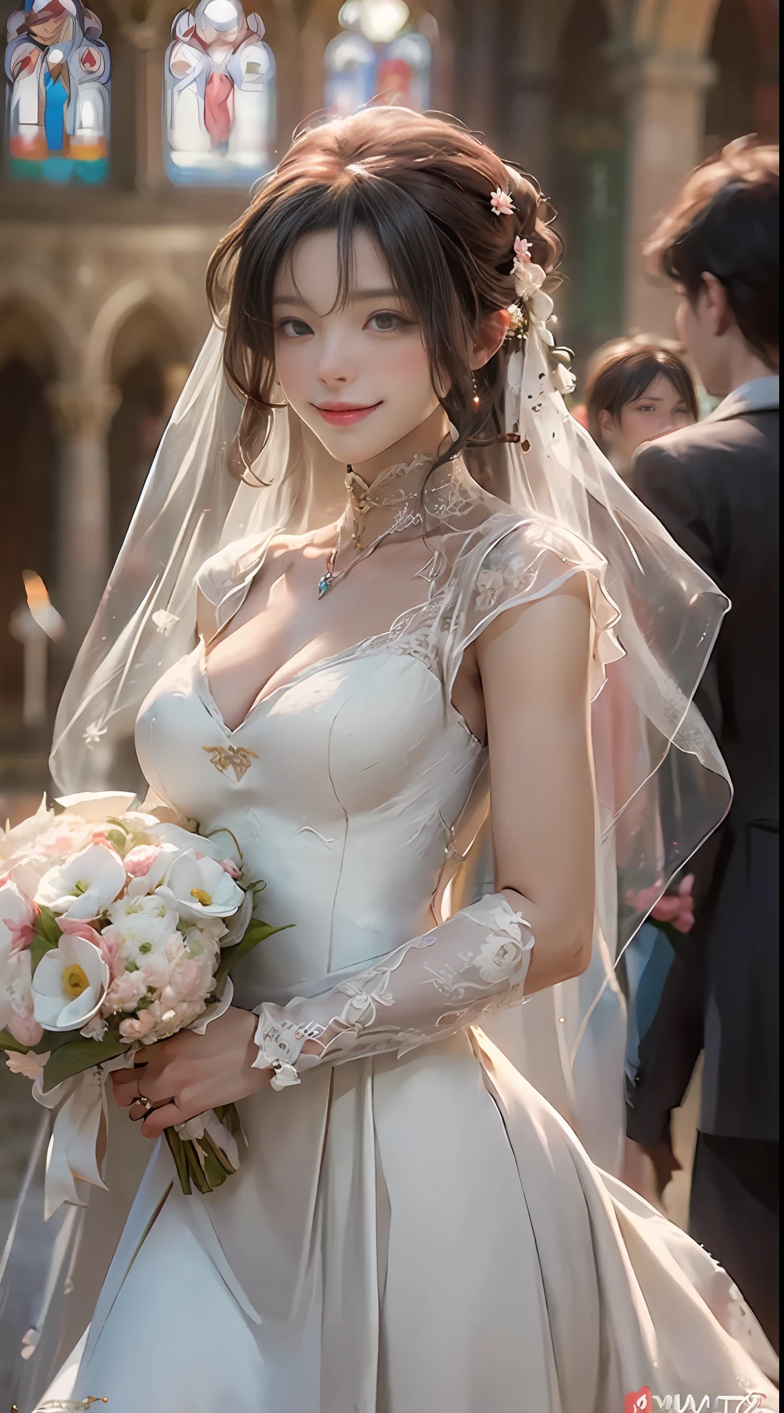 ((Highest Quality)),((Masterpiece)),(Logical Description),(Details:1.5),(Like the photo:1.5),(One lady), cleavang dress,Wedding veil,(Medium breasts),White,Long hair,Large bouquet,blush smile, church,perfect proportions,HDR,brighten face,8K RAW,