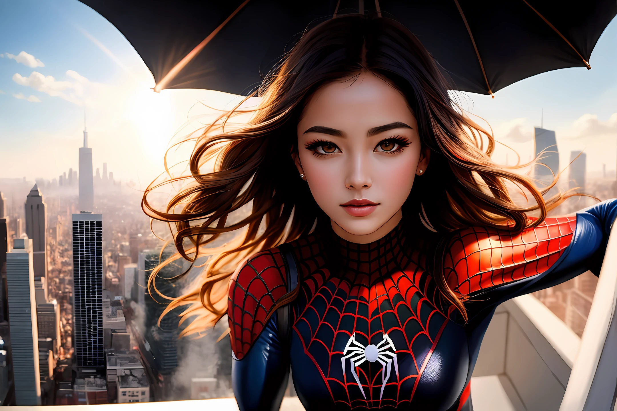 (1girl:1.3), 独奏, (((very vey very detailed face))),((very detailed eyes and faces))),beautiful details eyes,Body parts__,offcial art,Unified 8k wallpaper,ultra hyper-detailed,Beautiful and beautiful,beatifull,masterpaintings,Best Quority,raw,masterpaintings,ultra fine photos,Best Quority,ultra-high-resolution,photorealistic realism,sun beam,portrait of a full body,stunningly beautiful,,dynamicpose,Delicately drawn face,vibrant eyes,(from frontal), she is in a spider-man suit,Red and black color scheme,arachne,Very detailed city roof background, Roof,overlooking a city,Detailed face,detailed complex busy background,untidy,opulent,milkyW,Highly detailed skin,realistic skin detail,Visible pores,Clear focus,volume fog,8k uhd,digital DSLR camera,high qulity,filmgrain,fair white skin,Photo realism,lomography,semi transparent