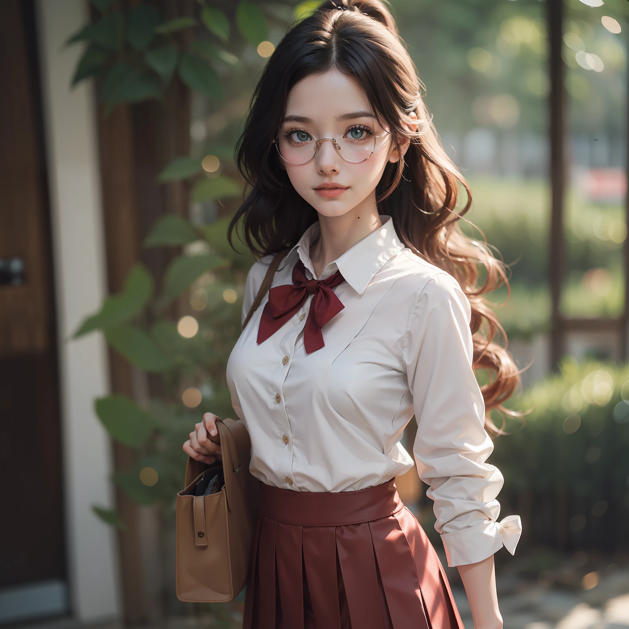 (masterpiece, best quality), (detailed and beautiful eyes), (detailed eyes and detailed face), (beautiful and clear background), (extremely detailed CG, super detailed, best shadows), (( depth of field)), beautiful conceptual illustration, (illustration), (extremely delicate and beautiful), (perfect detail) ,8k, color photo of a cartoon girl with long curly red hair in school clothes with a purse, and short red skirt. The girl has green eyes and a big smile. She is wearing a school uniform consisting of a white shirt, a black pleated skirt, a jacket, and a bow. She has long curly red hair that is tied up in a ponytail and her breasts are large. She is holding a brown bag and looking at the viewer. She is wearing red-framed eyewear that is semi-rimless. The photo should be letterboxed.