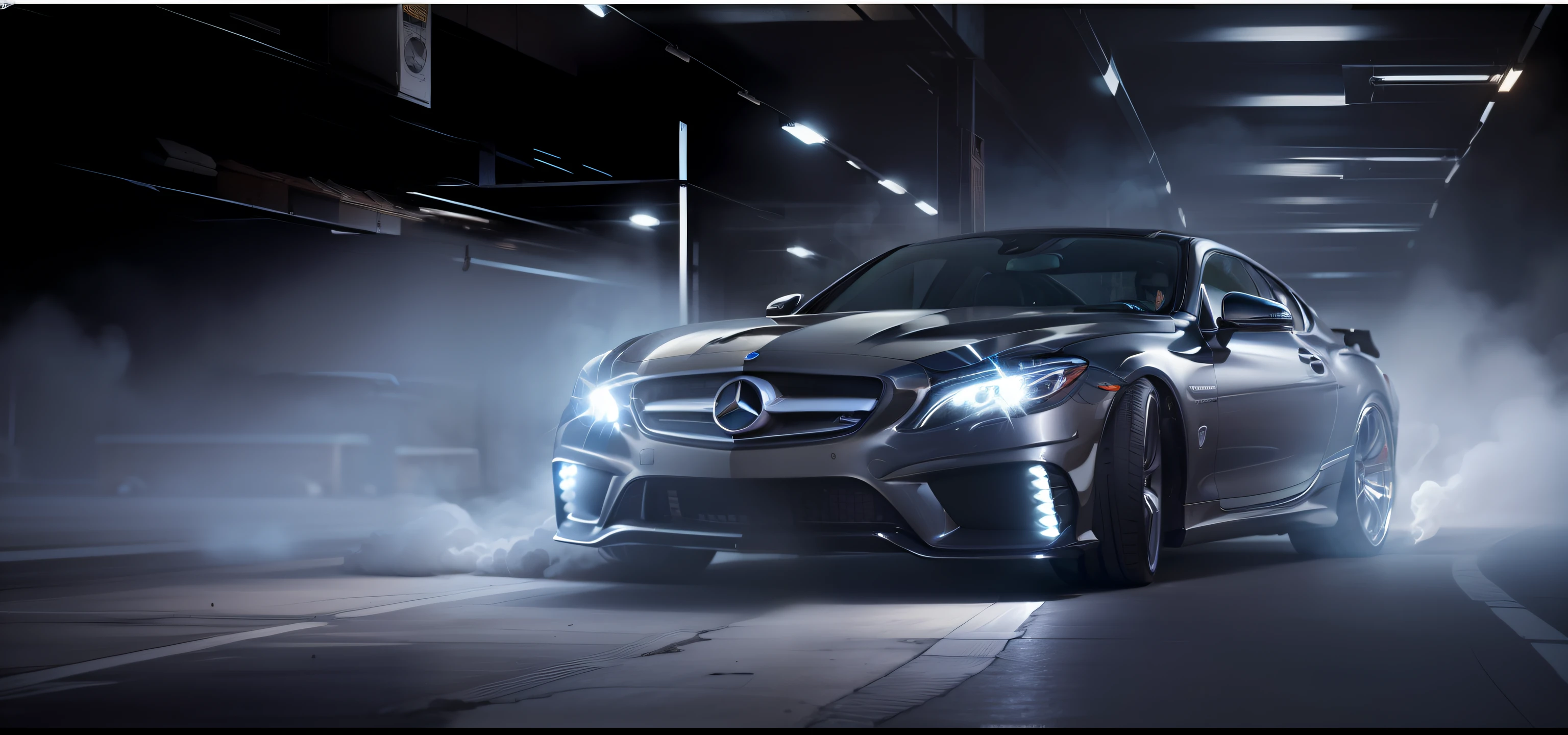 Cars in a dark garage, smoke emanating from them, yellow sedans, wallpaper phones, sports cars, wide body, sports cars, car photography, front, Mercedes Benz, DSLR, HQ 4K phone wallpaper, front flashing lights, inspiring, with cool headlights, cars, headlights, CG technology --auto