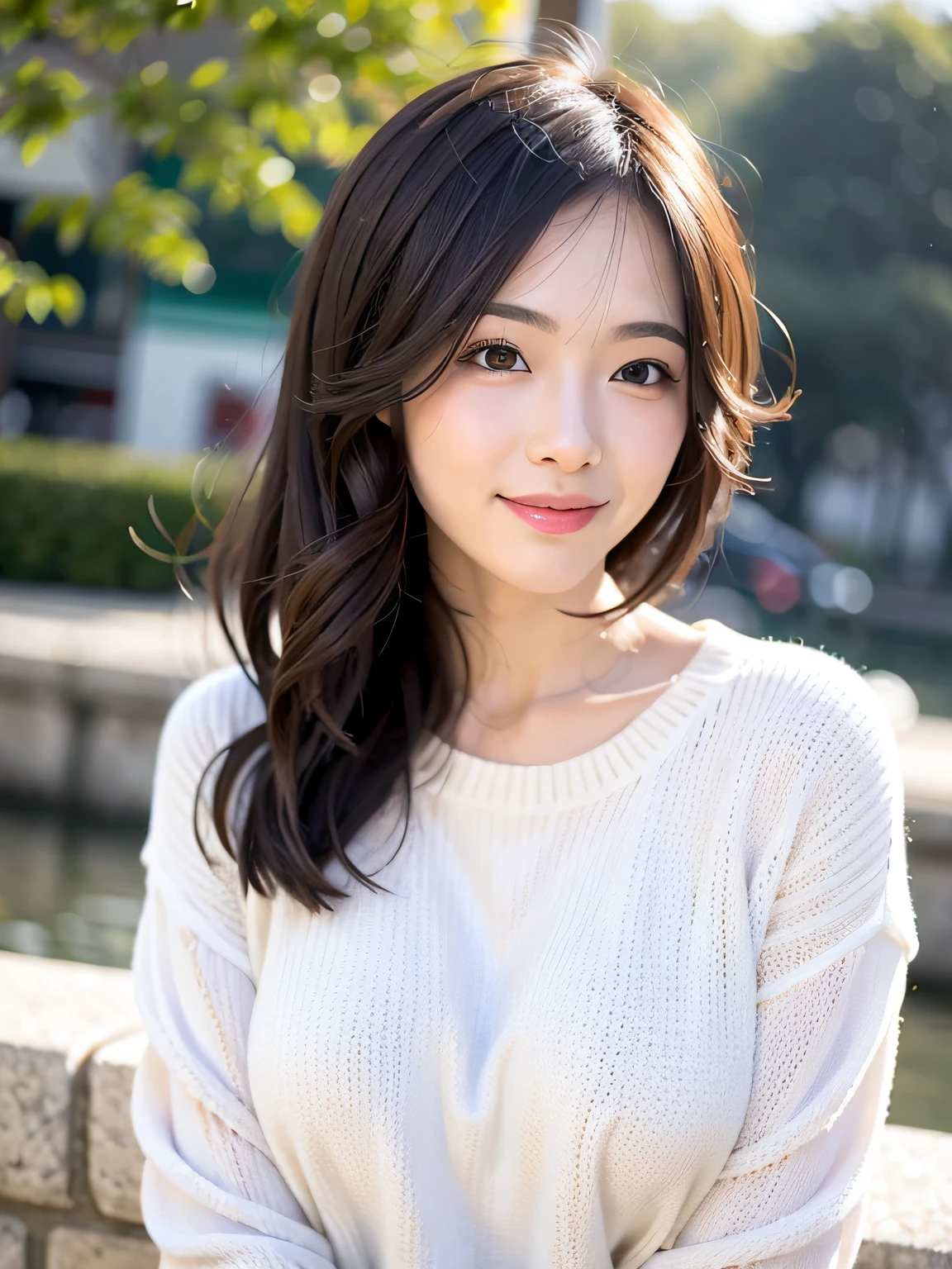 1 girl walking on the river、mix4、White sweater、s lips、realisitic、Upper body body、独奏、(photoreallistic:1.3)、Super Detail、(high detailed skin:1.2)、(最好质量:1.0)、(ultra-high-resolution:1.0)、(ulzzang-6500:0.3)、Wavy detail hair、length hair、Sunshine、(Beautiful detail makeup)、(Sexual arousal blush heavy breathing:1.0)、Flower theme flower petals scattered、(Flowers with a soft glow:0.5)、