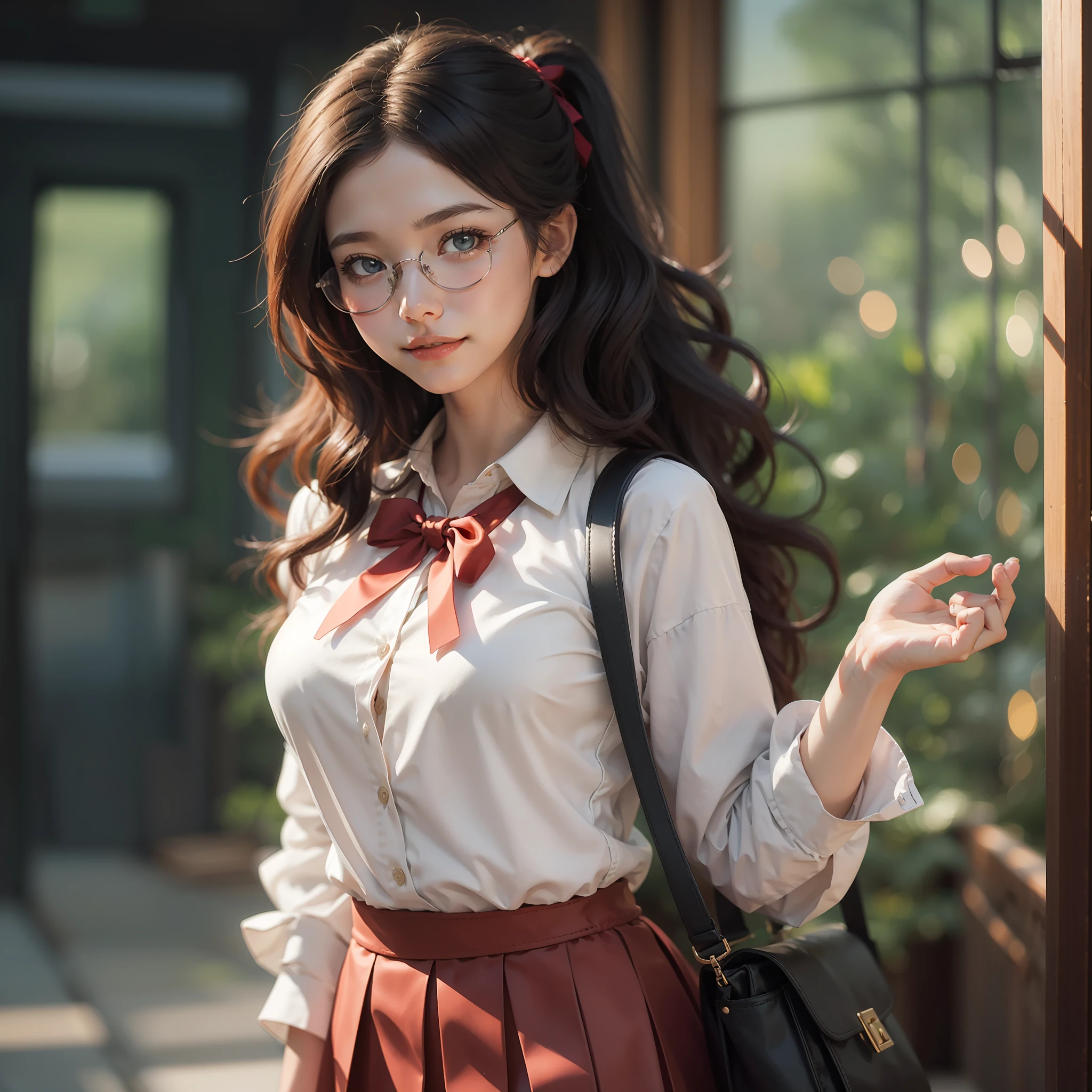 (masterpiece, best quality), (detailed and beautiful eyes), (detailed eyes and detailed face), (beautiful and clear background), (extremely detailed CG, super detailed, best shadows), (( depth of field)), beautiful conceptual illustration, (illustration), (extremely delicate and beautiful), (perfect detail) ,8k, color photo of a cartoon girl with long curly red hair in school clothes with a purse, and short red skirt. The girl has green eyes and a big smile. She is wearing a school uniform consisting of a white shirt, a black pleated skirt, a jacket, and a bow. She has long curly red hair that is tied up in a ponytail and her breasts are large. She is holding a brown bag and looking at the viewer. She is wearing red-framed eyewear that is semi-rimless. The photo should be letterboxed.