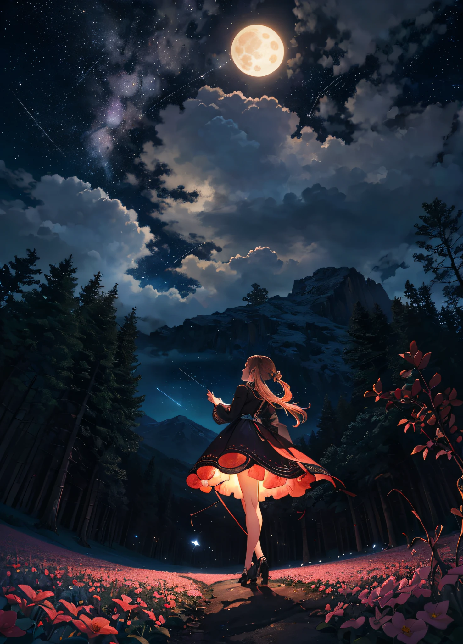 Expansive landscape photograph, (view from below with a view of the sky and wilderness below), little girl standing in a flower field looking up, (full moon: 1.2), (shooting star: 0.9), (nebula: 1.3), distant mountain, tree break production art, (warm light source: 1.2), (firefly: 1.2), lamp, purple and orange, intricate detail, volume lighting, realism break (masterpiece: 1.2) (Best Quality), 4K, Ultra-Detailed, (Dynamic Configuration: 1.4), Highly Detailed and Colorful Details, (Iridescent Colors: 1.2), (Glowing Lighting, Atmospheric Lighting), Dreamy, Magical, (Solo: 1.2)