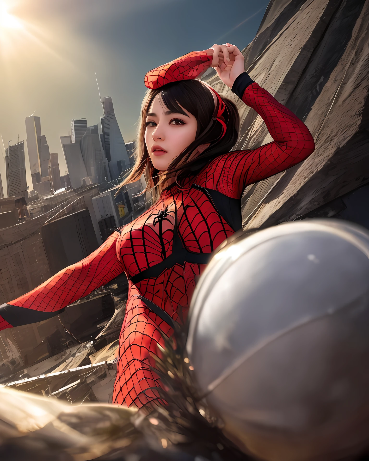 (1girl:1.3), 独奏, (((very vey very detailed face))),((very detailed eyes and faces))),beautiful details eyes,Body parts__,offcial art,Unified 8k wallpaper,ultra hyper-detailed,Beautiful and beautiful,beatifull,masterpaintings,Best Quority,raw,masterpaintings,ultra fine photos,Best Quority,ultra-high-resolution,photorealistic realism,sun beam,portrait of a full body,stunningly beautiful,,dynamicpose,Delicately drawn face,vibrant eyes,(from frontal), she is in a spider-man suit,Red and black color scheme,arachne,Very detailed city roof background, Roof,overlooking a city,Detailed face,detailed complex busy background,untidy,opulent,milkyW,Highly detailed skin,realistic skin detail,Visible pores,Clear focus,volume fog,8k uhd,digital DSLR camera,high qulity,filmgrain,fair white skin,Photo realism,lomography,semi transparent