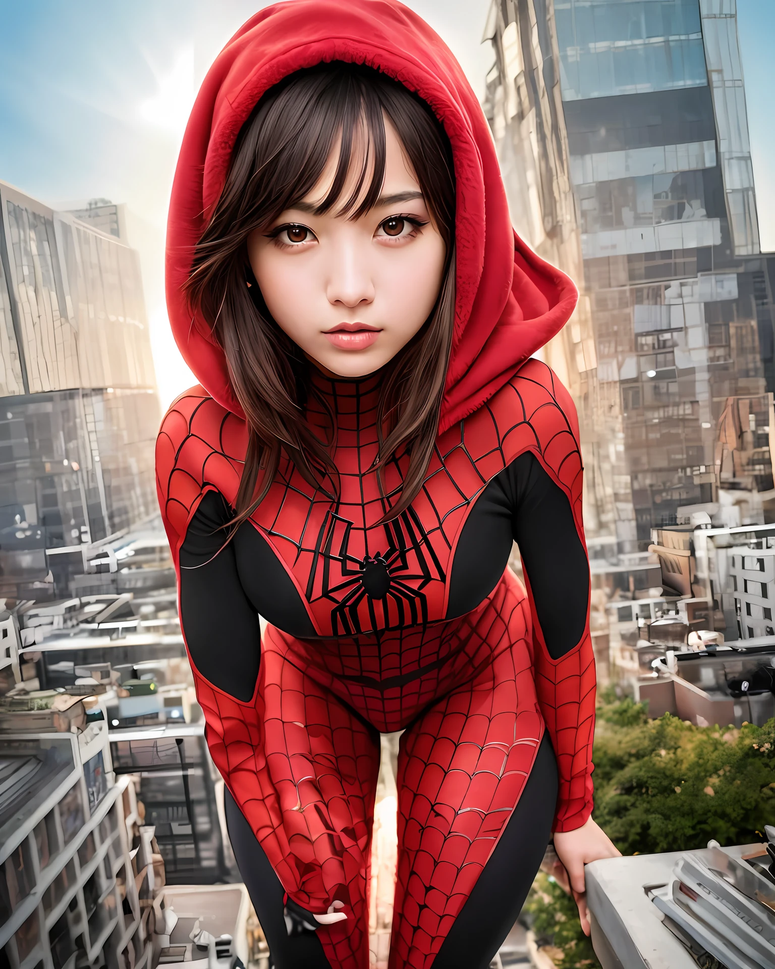 (1girl:1.3), 独奏, (((very vey very detailed face))),((very detailed eyes and faces))),beautiful details eyes,Body parts__,offcial art,Unified 8k wallpaper,ultra hyper-detailed,Beautiful and beautiful,beatifull,masterpaintings,Best Quority,raw,masterpaintings,ultra fine photos,Best Quority,ultra-high-resolution,photorealistic realism,sun beam,portrait of a full body,stunningly beautiful,,dynamicpose,Delicately drawn face,vibrant eyes,(from frontal), she is in a spider-man suit,Red and black color scheme,arachne,Very detailed city roof background, Roof,overlooking a city,Detailed face,detailed complex busy background,untidy,opulent,milkyW,Highly detailed skin,realistic skin detail,Visible pores,Clear focus,volume fog,8k uhd,digital DSLR camera,high qulity,filmgrain,fair white skin,Photo realism,lomography,semi transparent