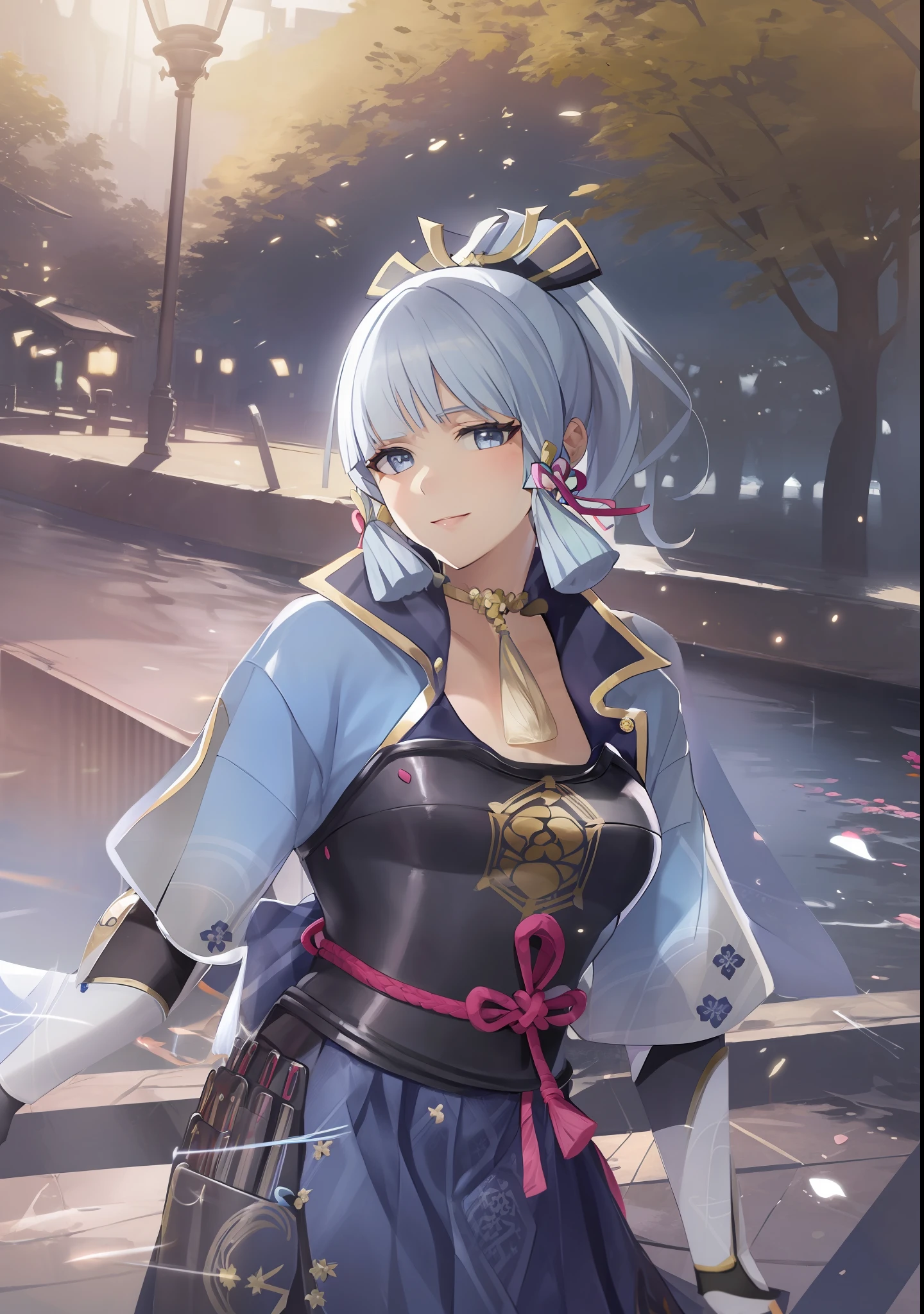 (masterpiece), (best quality), (ultra detailed),(disheveled hair),(illustration), (1girl), standing, smiling, beautiful detailed eyes, light blue eyes, detailed beautiful face, (kamisato ayaka: 1.2), Genshin Impact,focus on face,  ponytail, kamisato ayaka(genshin impact), light blue hair, detailed hair, bangs, best lighting, best shadow, highly detailed, vibrant