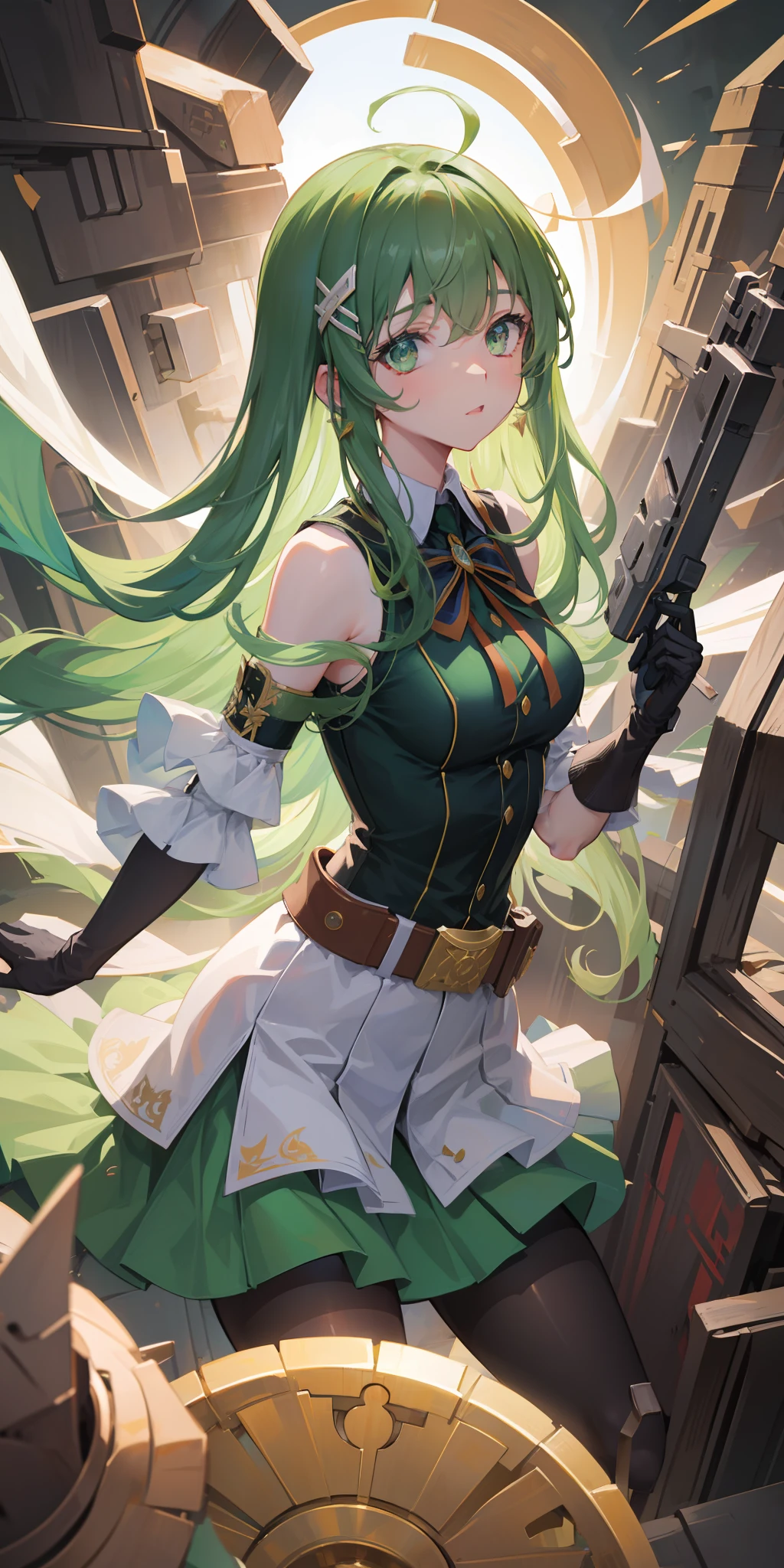 masterpiece, superior quality, best quality, official art, beautiful and aesthetic,
1girl, light green eyes, green hair, gatling gun, shell casing, looking at viewer, bangs, ammo belt, gloves, ribbon, extremely detailed, highest detailed, optical blending, playful patterns, vivid texture, unique visual effect
