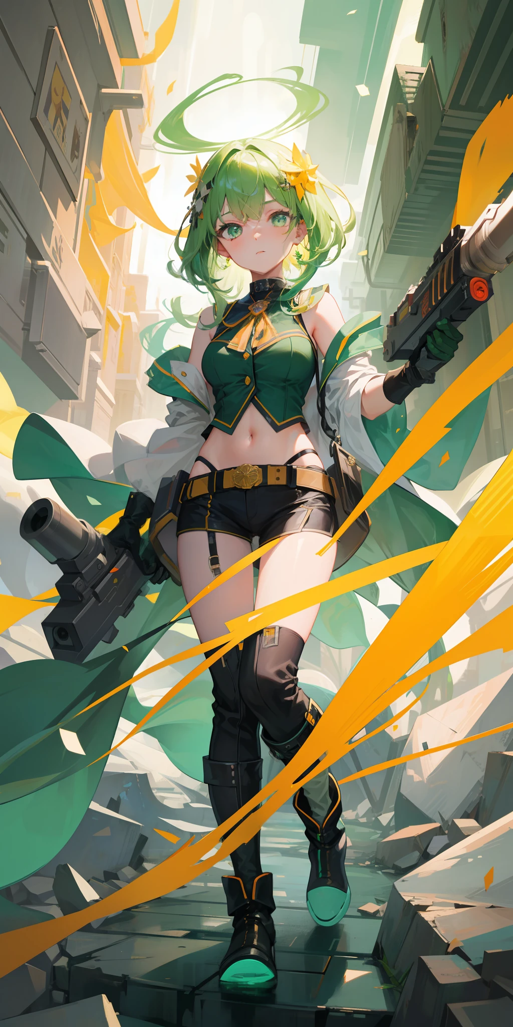 masterpiece, superior quality, best quality, official art, beautiful and aesthetic,
 1girl, light green eyes, green hair, gatling gun, shell casing, looking at viewer, bangs, ammo belt, gloves, ribbon, extremely detailed, highest detailed, optical blending, playful patterns, vivid texture, unique visual effect