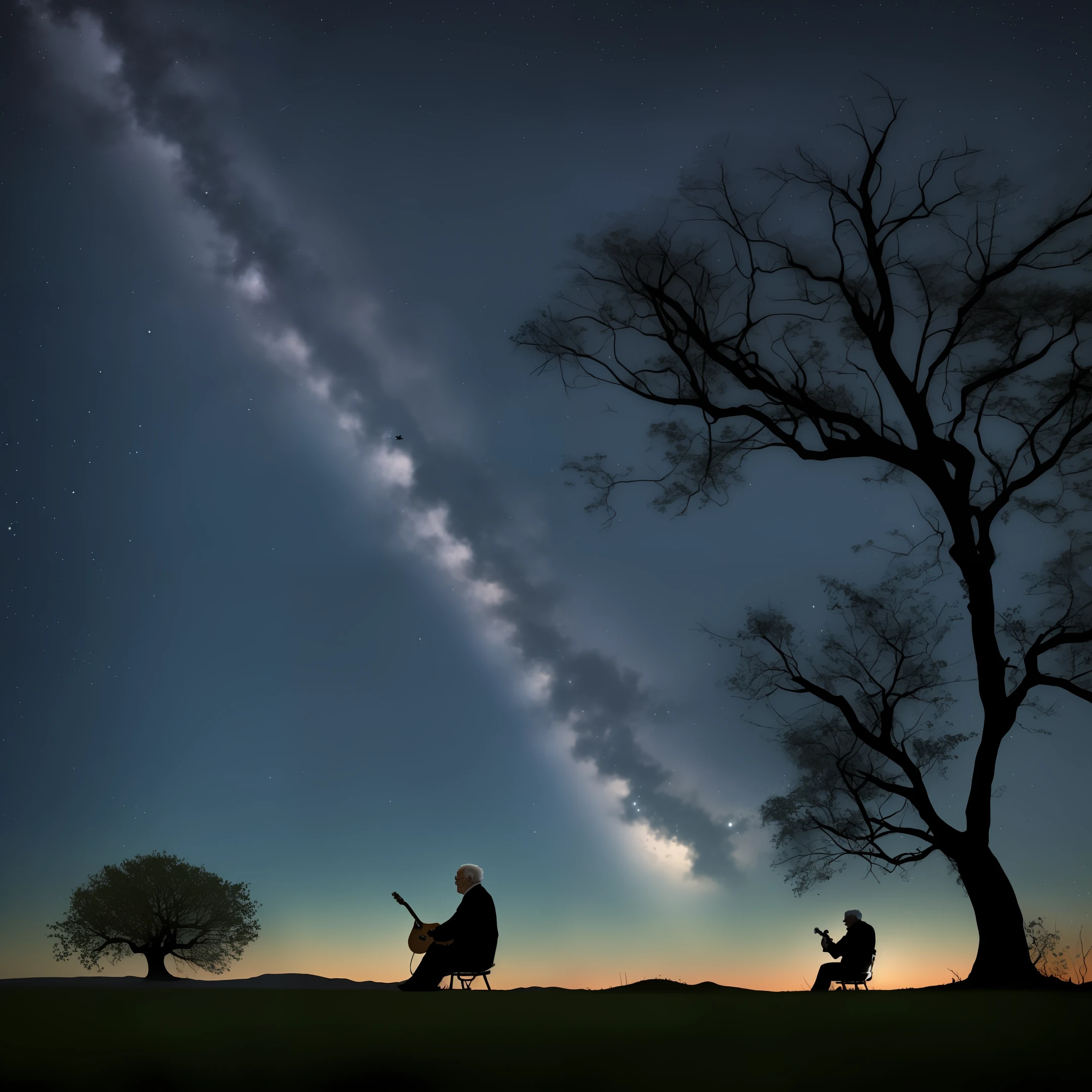 Old man playing guitar, under a tree, de noite, with starry sky