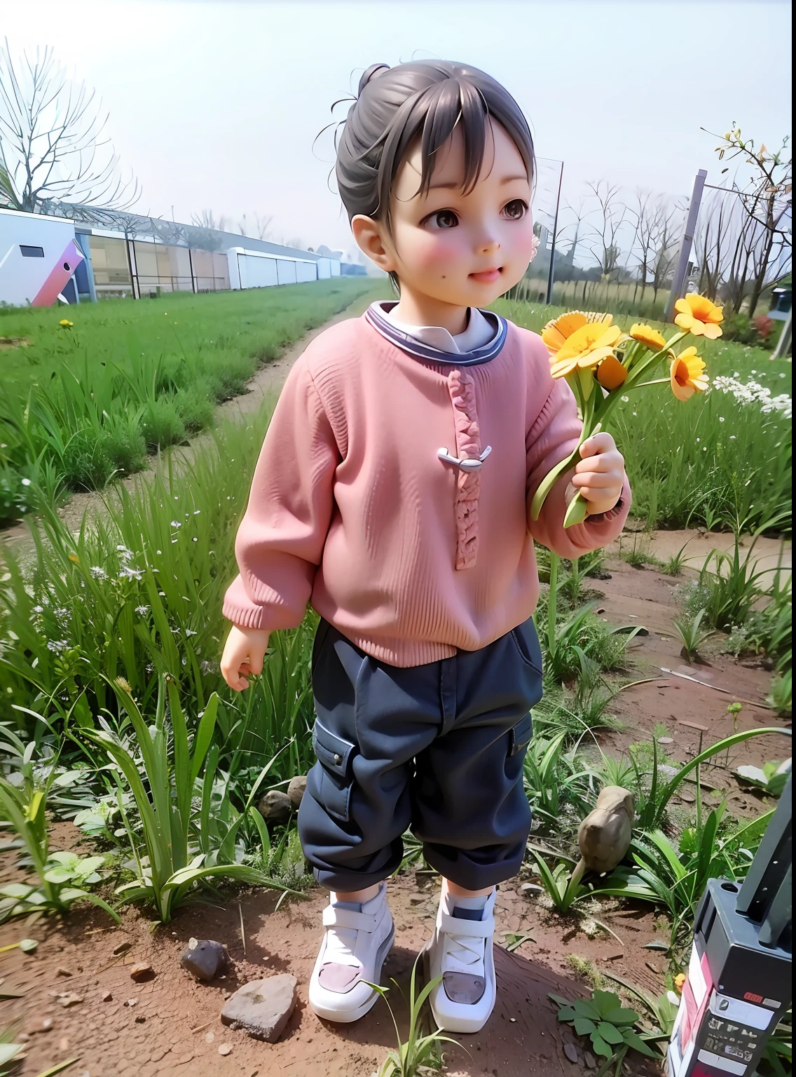 There was a small child standing on the grass，Holding a Bouquet of Flowers in Her Hand, standing in flower field, picking up a flower, standing in flower field, Holding a flower, picking flowers, in a field with flowers, Holding flowers, With flowers, carrying flowers, standing in a field with flowers, Wearing wheat yellow gauze, wearing farm clothes, in a field